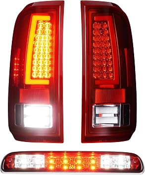 LED Tail Lights + 3rd Third Brake Cargo Lamp for Ford F250 F350 F450 F550 2008-2016 Fleetside Bed Model, High Mount Stop Light Rear Taillight Assembly, Chrome Housing Red Lens, 3Pcs