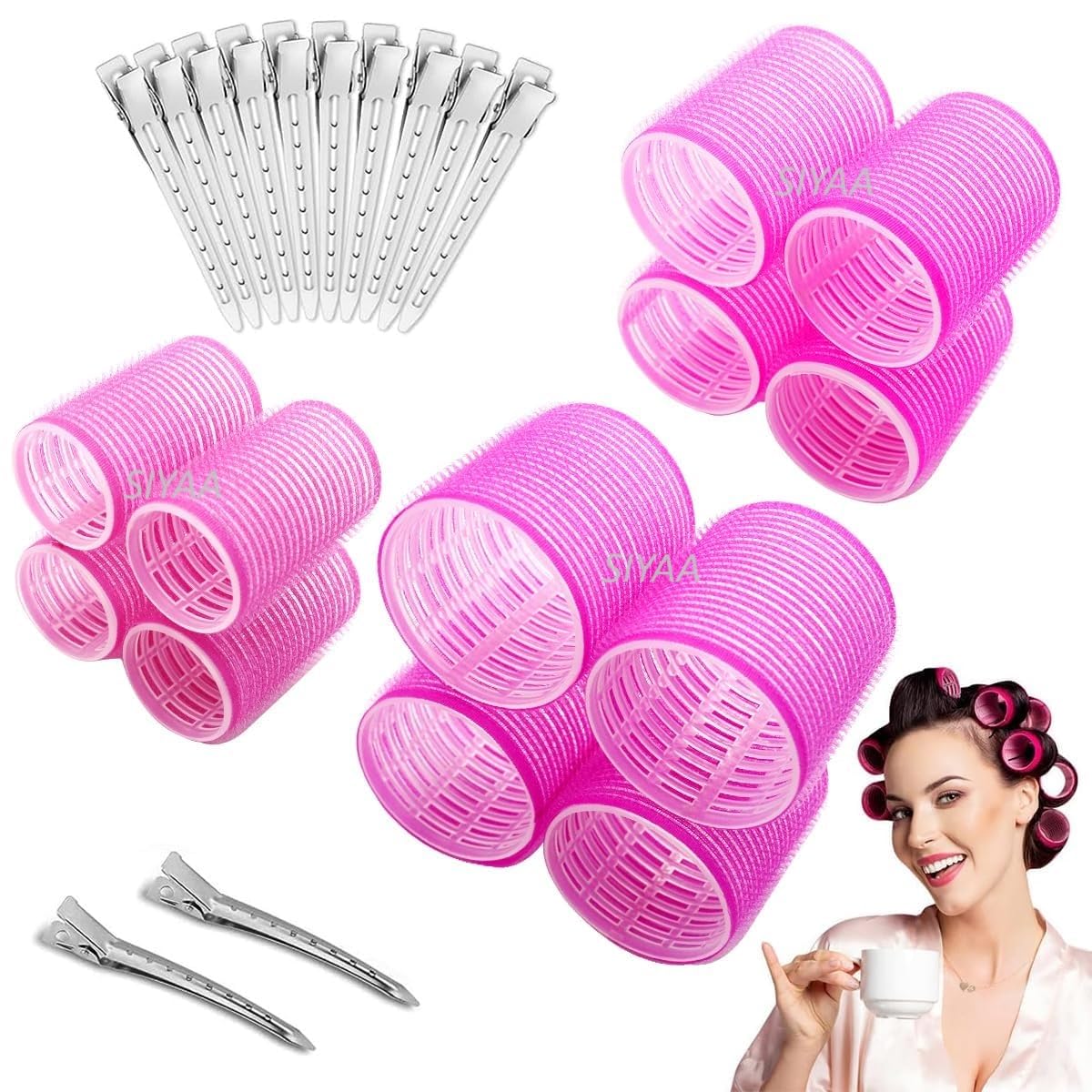 SIYAA:- Self Grip Hair Rollers Curlers 24 Pcs Set with 12Pcs Heatless Hair Rollers 3 Sizes (4 Jumbo, 4 Large & 4 Medium) and 12 Pcs Hair Clips for Long Short Thick Fine Thin Hair Volume (pink M-1)