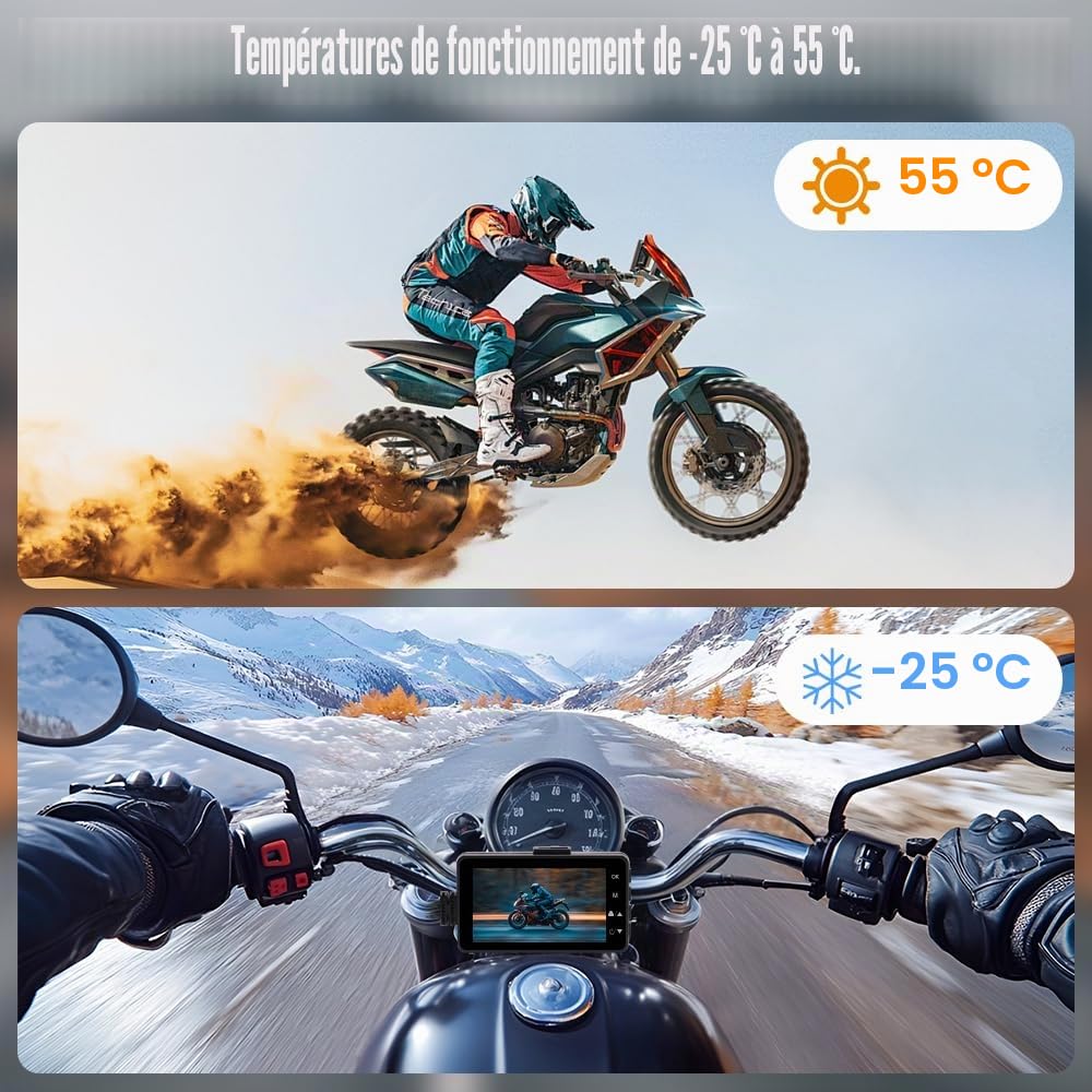 OBEST Motorrad Doppelkamera System,écran LCD d'écran de 3 Pouces 720P + 480P, -20 ℃ ~ 70 ℃ Betriebstemperatur,Motorrad Camera Doppia Traccia Anteriore e Posteriore,Doppia Action Camera Video