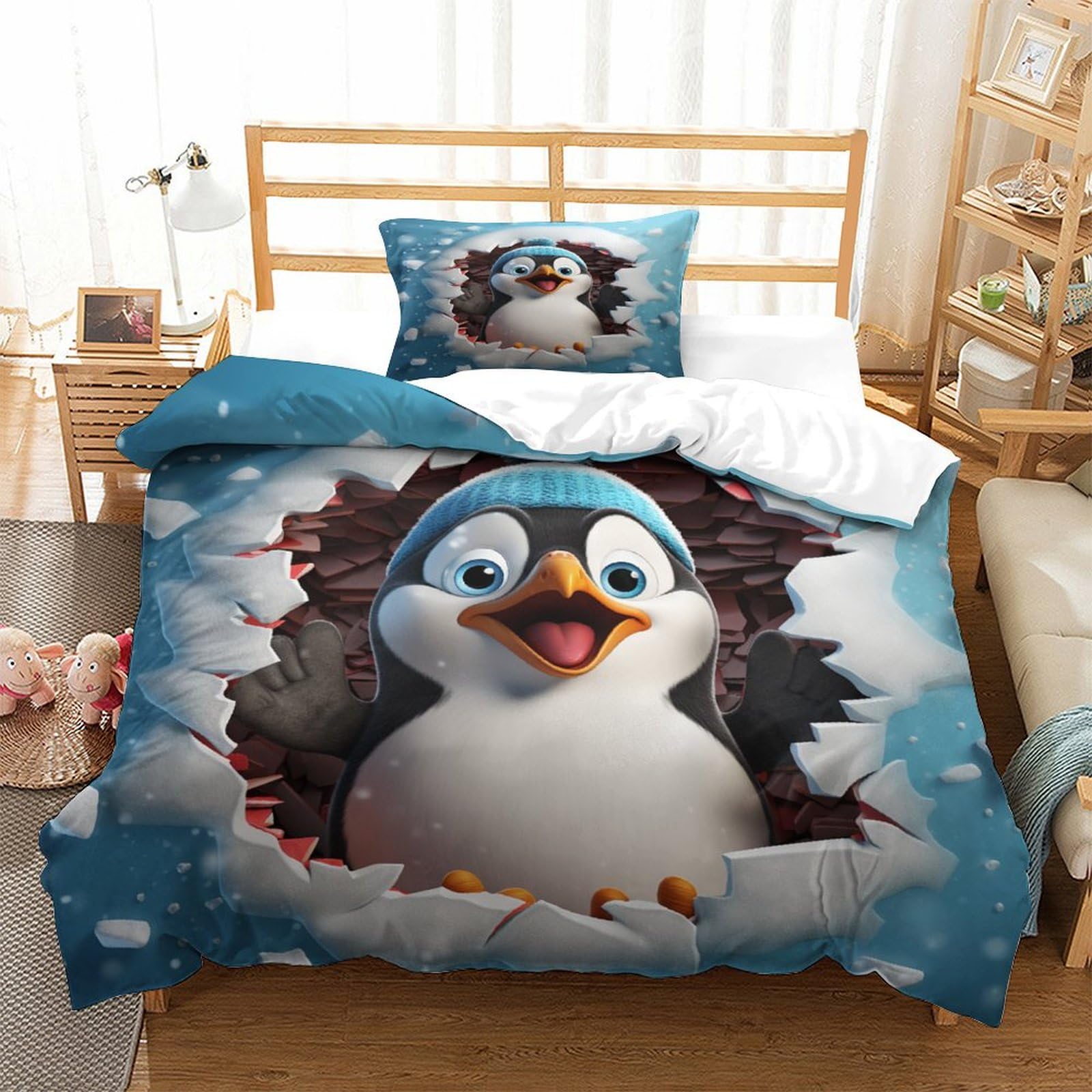 P1S9U7W5Y Adorable Penguin 3D Printed Duvet Cover Set 3pcs Microfiber Winter Penguin Bedding Set Single