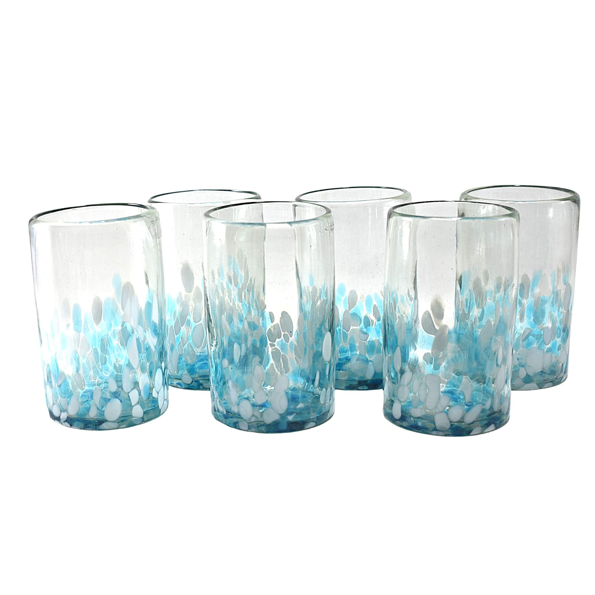 Hand Blown Drinking Glasses Artisan Crafted from Mexico Set of 6 pieces (Sky Confetti, Water 16 Oz.)
