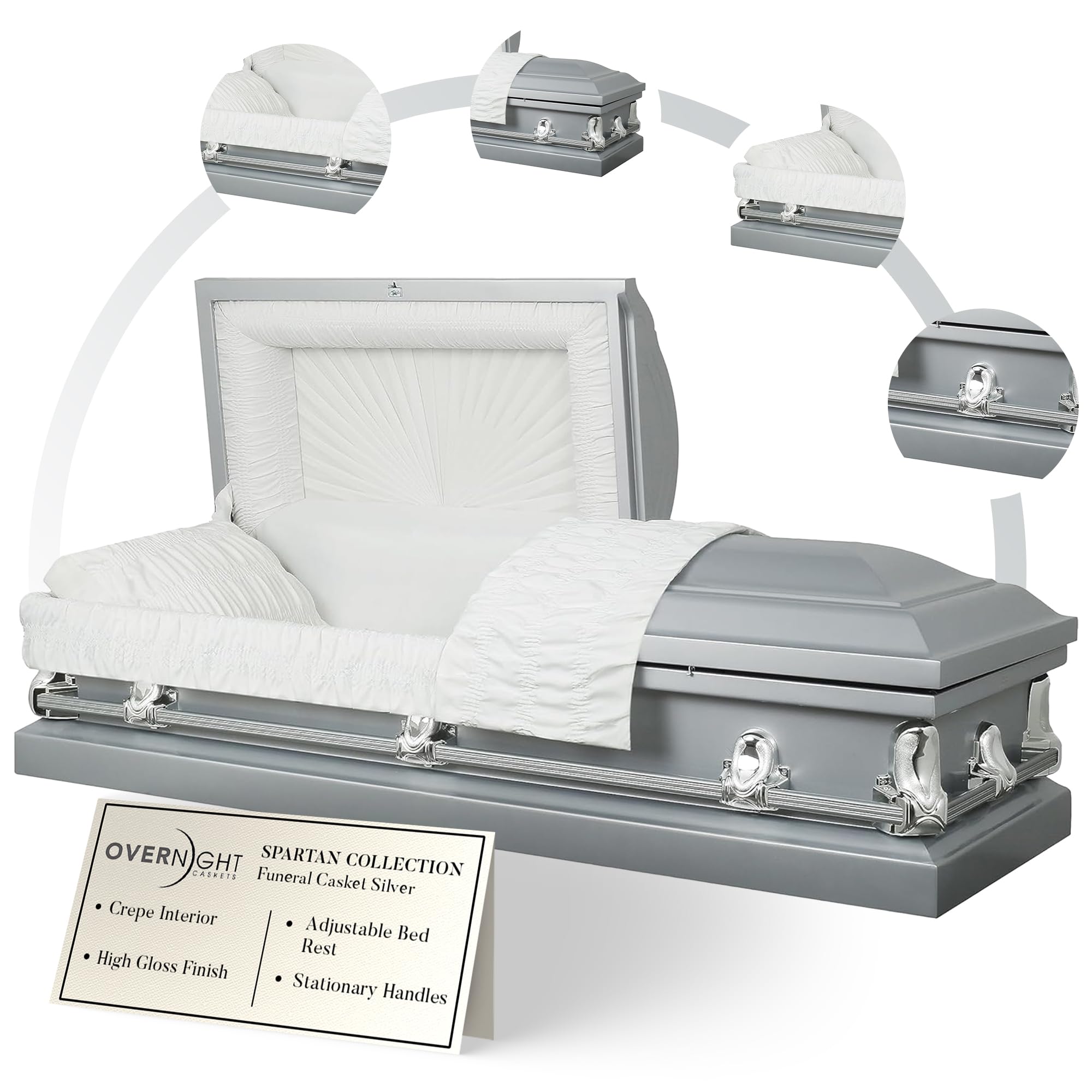 Overnight Caskets Spartan Collection Funeral Casket Silver w/White Interior