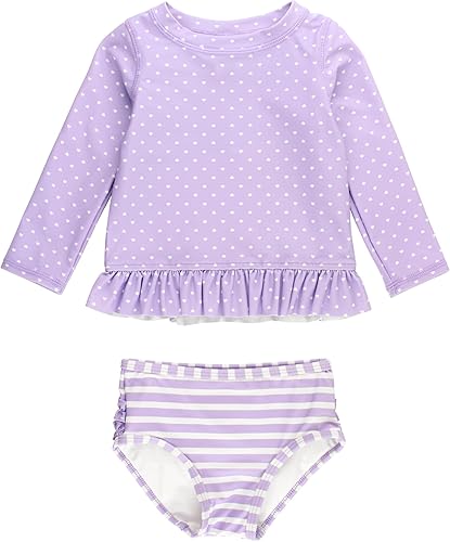 RuffleButts Lavender Heart Polka Dot Long Sleeve Rash Guard Bikini - 10