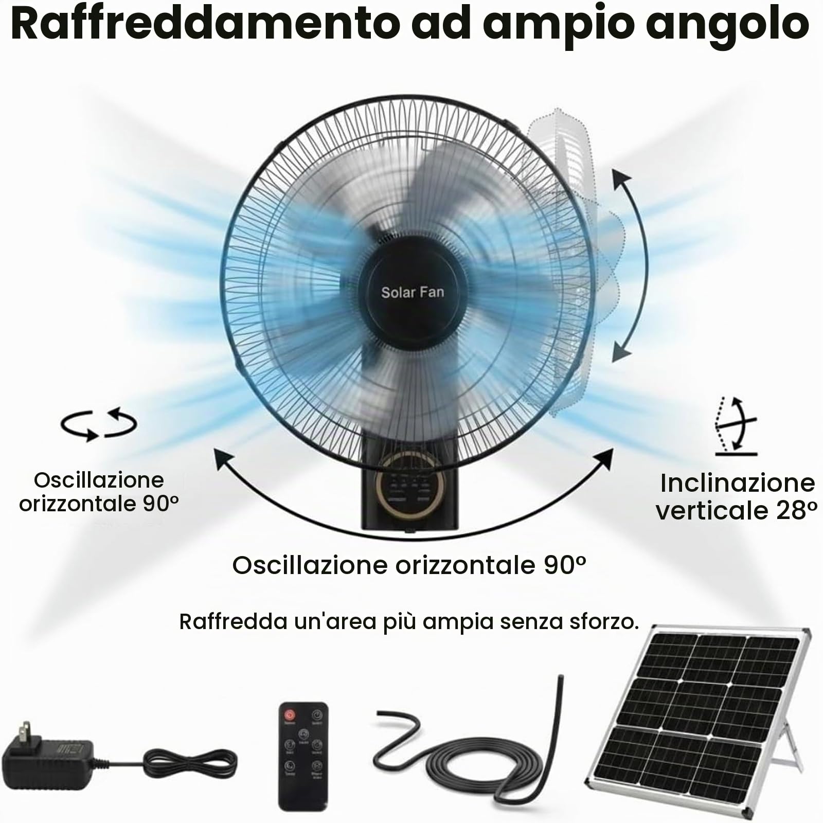 Ventilatore da Parete Esterno da 16" con Pannello Solare, Sistema di Raffreddamento Impermeabile con Telecomando, 5 Pale/3 Velocità/Ventilatore Oscillante a 90°, per Camera da Letto, Casa, Campeggio,