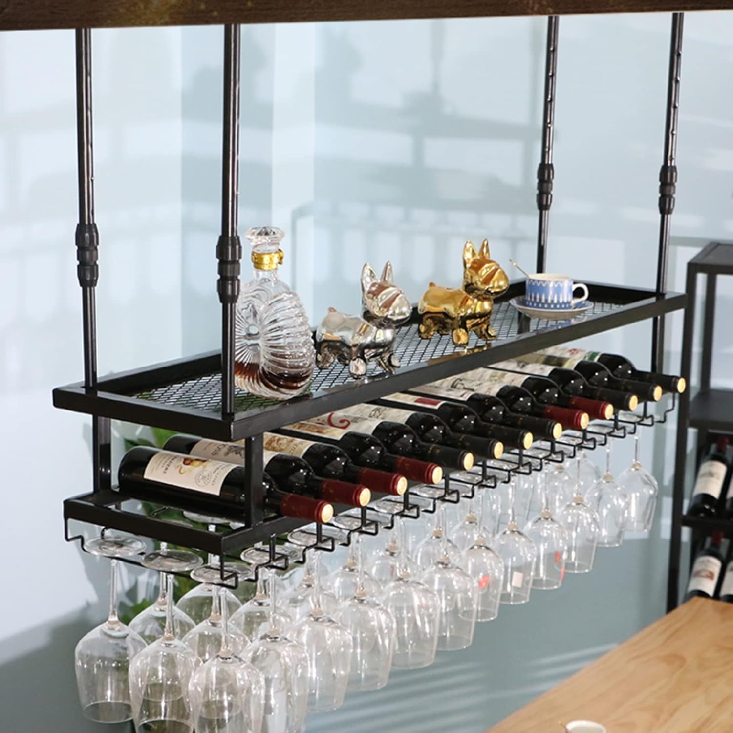 Hanging Wine Glass Holder Ceiling Shelf 2 Tier Industrial Wine Rack,Height Adjustable Ceiling Metal Wine Glass Rack,Bar Storage Rack Stemware Racks,Wine Holder