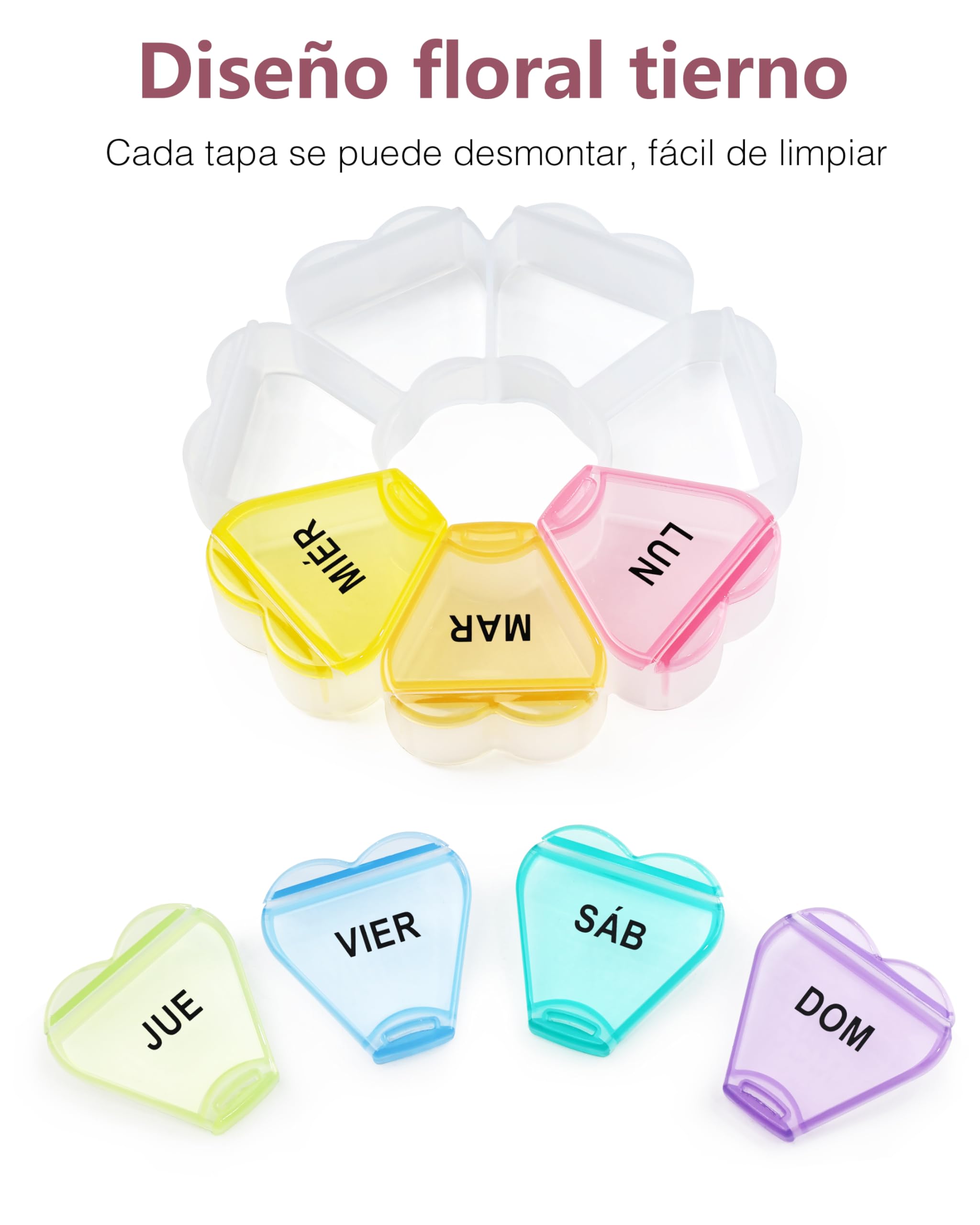 MOLN HYMY Grand pilulier hebdomadaire pour 7 jours - Organisateur 1 fois par jour - Motif floral une fois par jour - Arc-en-ciel