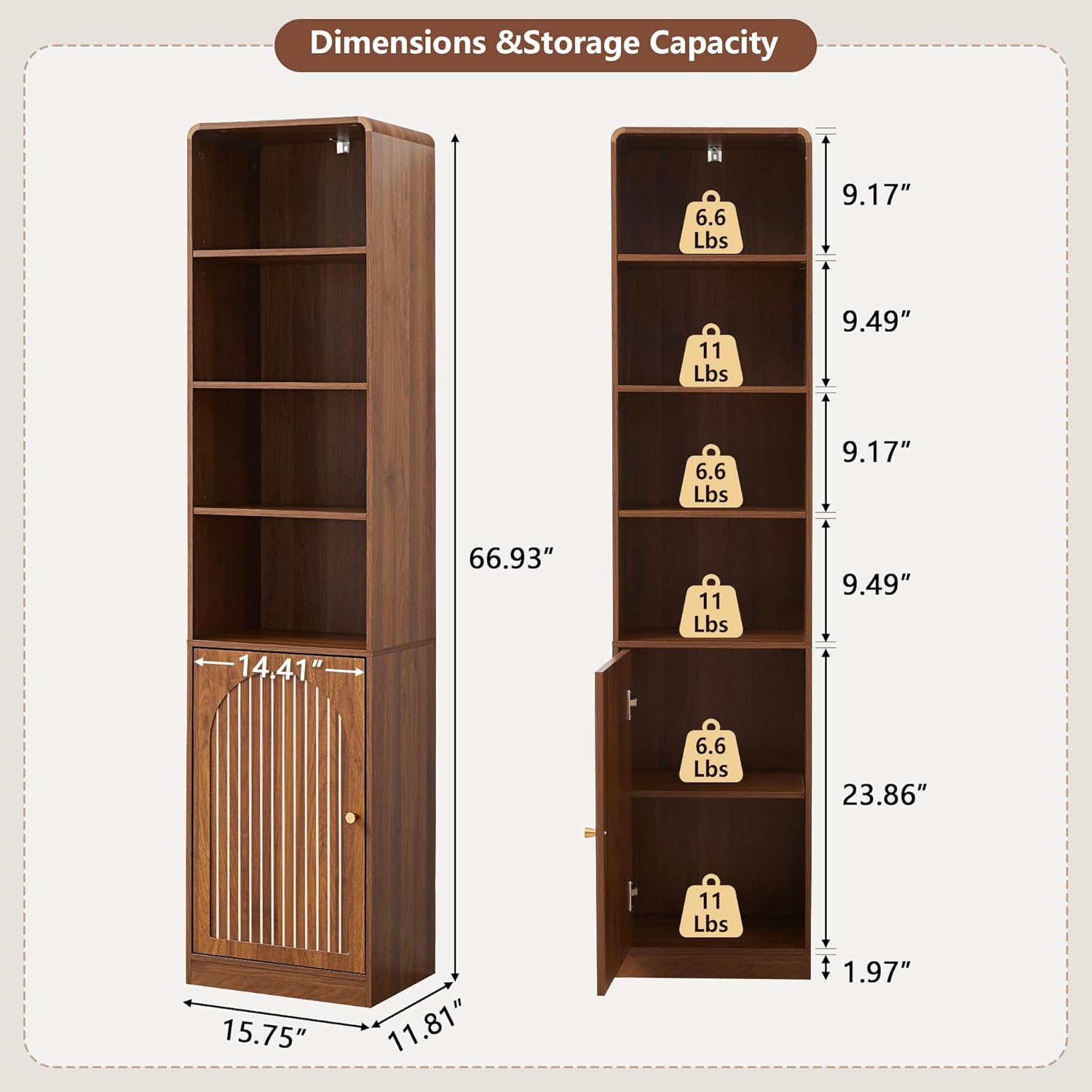 67" Tall Slim Bathroom Storage Cabinet, Narrow Bathroom Towel Cabinet with Arched Door and Adjustable Shelves, Mid Century Modern Laundry Room Organization for Small Space, Kitchen, Living Room,Walnut