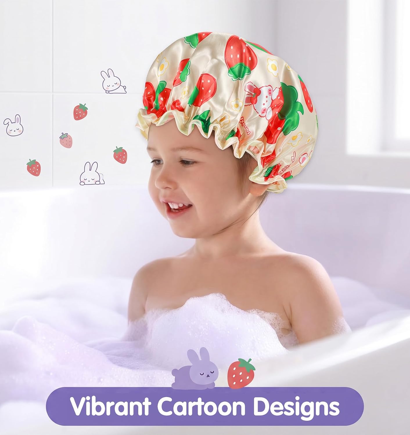 3 Pack Shower Caps Kids, Double Layer Toddler Hair Cap for Shower, Elastic Band Shower Cap & Sleeping Bonnet for Kids, Girls Boys Sleeping, Bath
