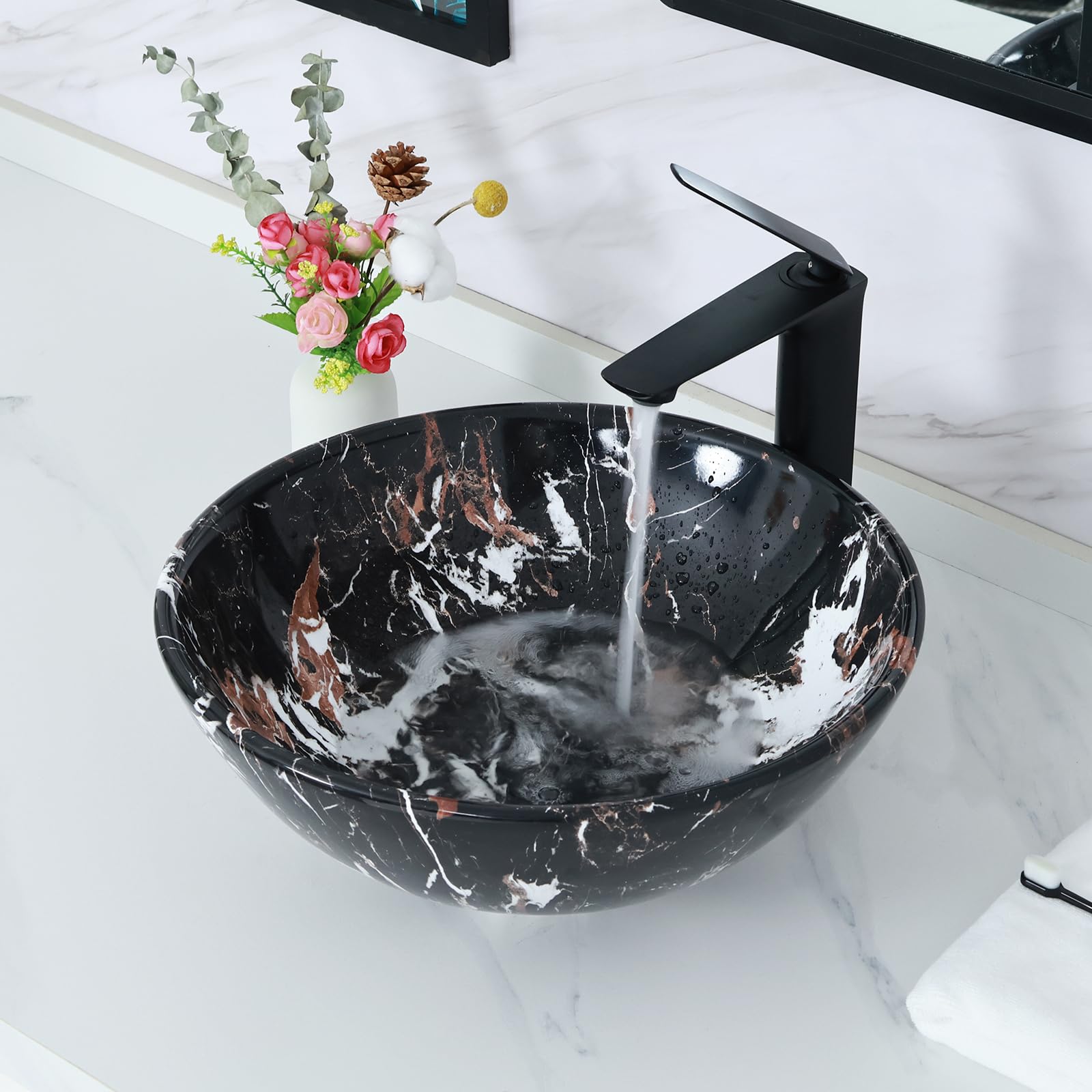 Davivy 16.3'' Nordic Marbling Round Vessel Sink with Pop Up Drain,Ceramic Vessel Sinks,Bathroom Vessel Sinks,Bathroom Sinks Above Counter,Counter top Sink,Round Vessel Sinks for bathrooms
