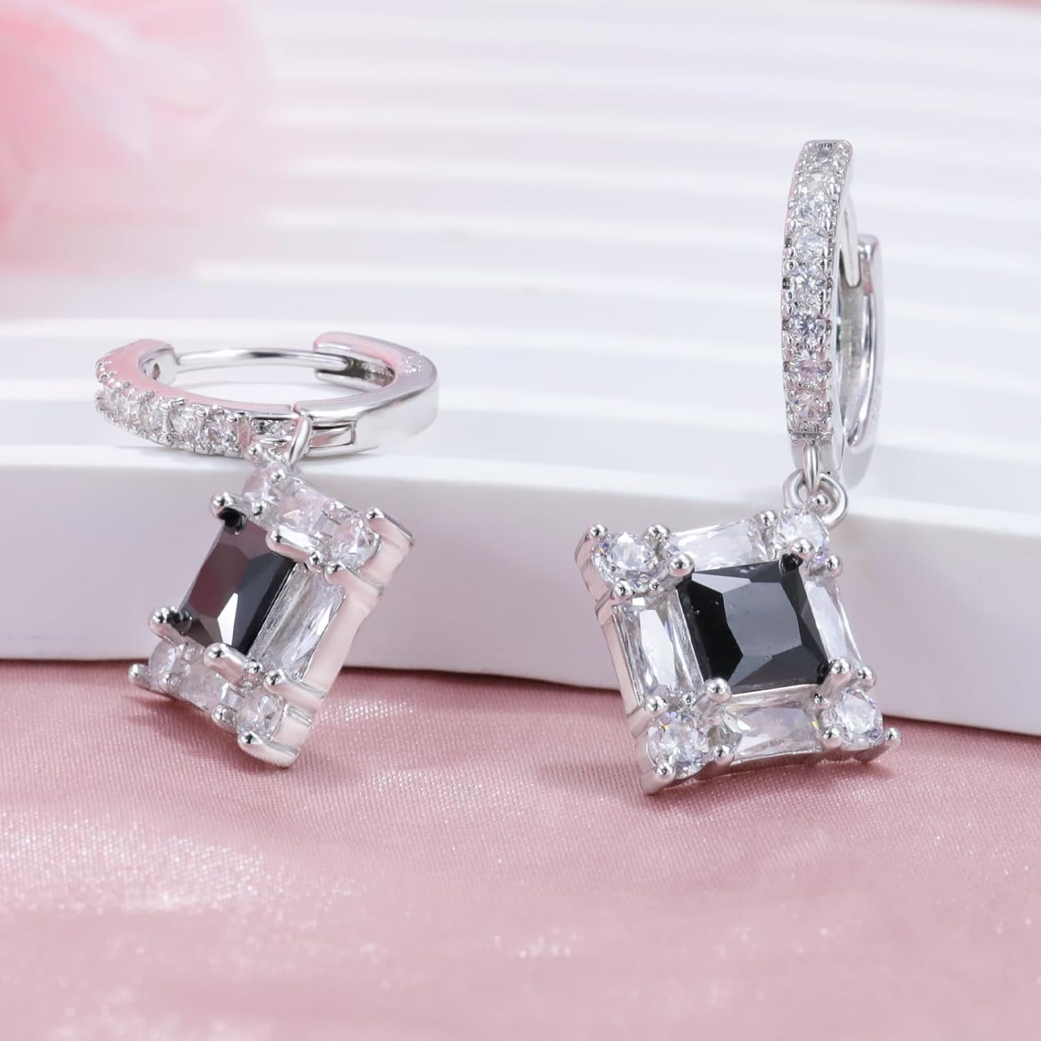 Black Dangle Hoop Earrings for Women Sterling Silver Cubic Zirconia Square Hoop Earrings with Cz Charm Sparkling Crystal Huggie Jewelry for Women Mother's Day Gifts for Mom Daughter Bridal Wedding - Image 3