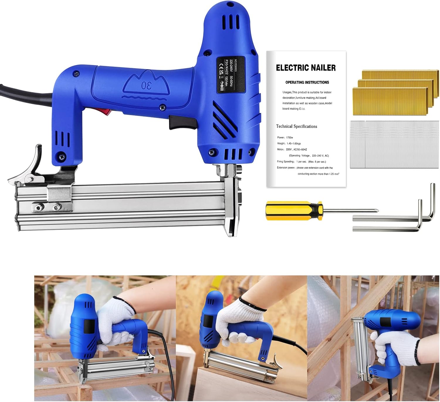 Heavy Duty Corded Electric Staple Nail Gun 2 in 1 Brad Nailer, 1750W