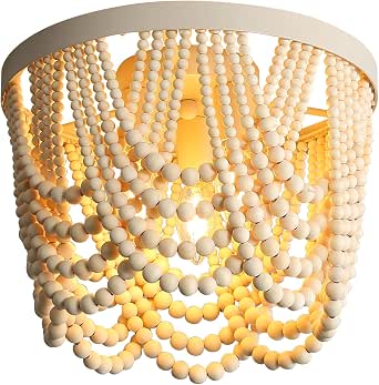 RyalQ Boho Ceiling Light 3-Light Wood Beaded Chandelier for Dining Room