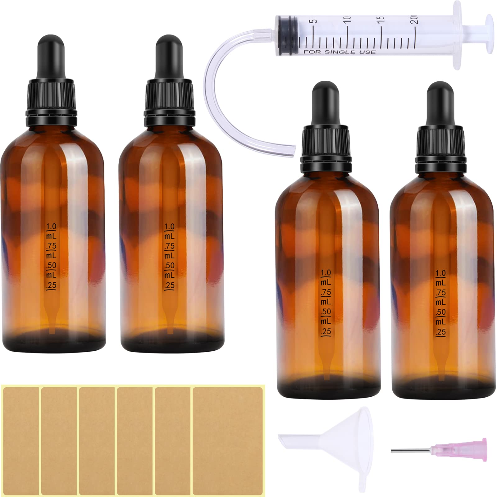 Nuts OT nuts Szklane butelki z pipetą, 4 szt., 100 ml, zestaw butelek aptecznych - brązowe szkło, butelki na płyny do napełniania, butelki z zakraplaczem z czarną nasadką z pipetą, w zestawie 5 szt. akcesoriów pomocniczych