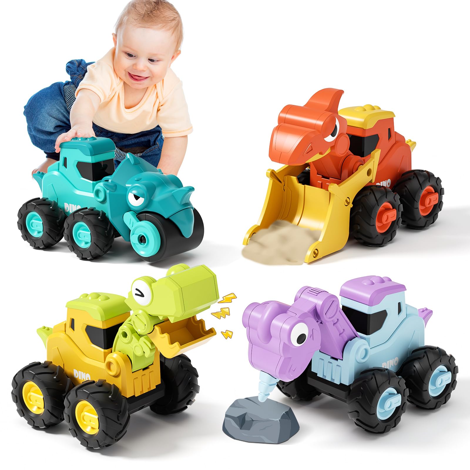 MOONTOY Coches para Niños de 1-2 Años, Coches Juguete de Dino, Juego de 4 vehículos de construcción de Dino, Coche bebé Press & Go para niños de 12 a 18 Meses, Gran Regalo para niños de 1, 2 y 3 años