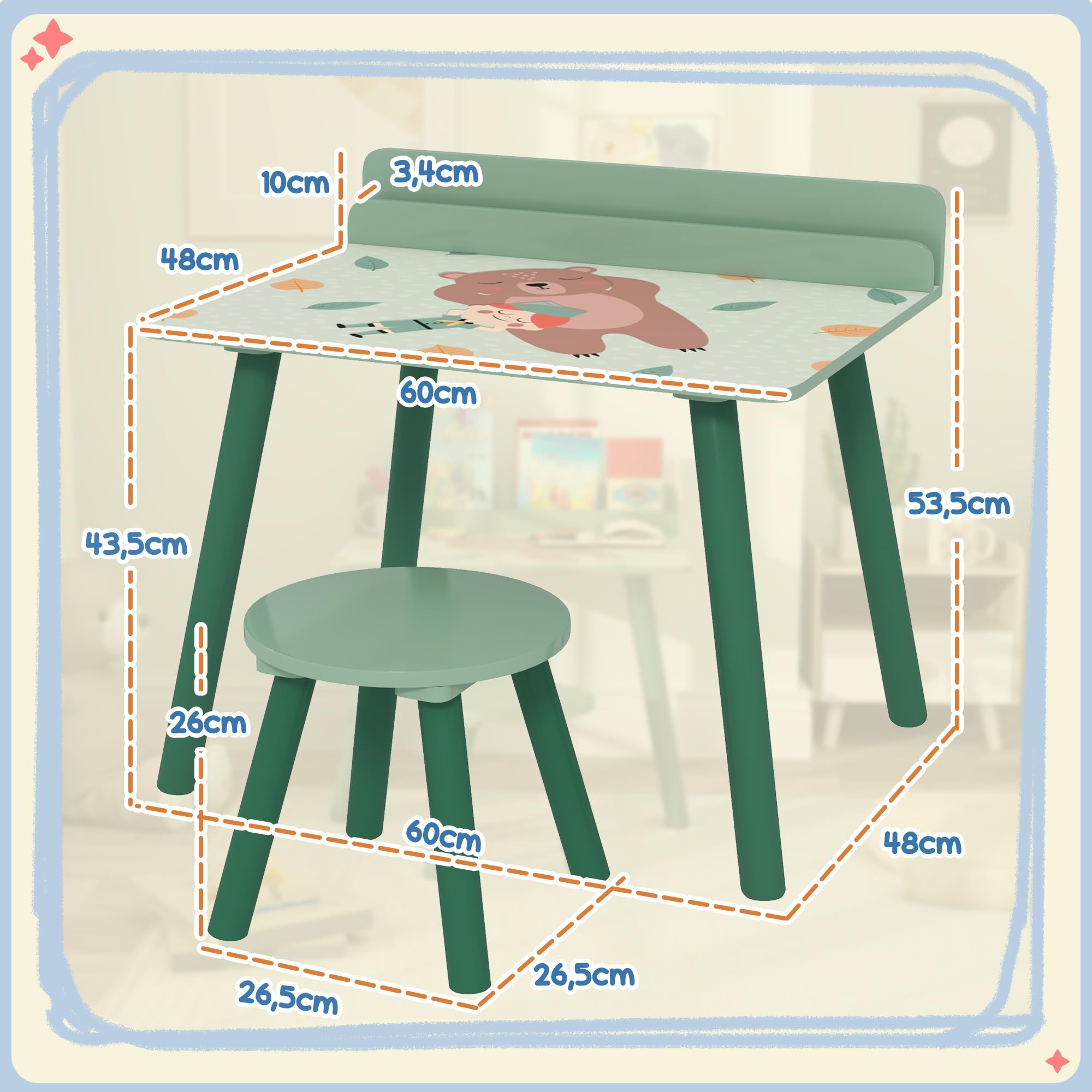 AIYAPLAY Mesa y Silla Infantiles de 2 Piezas Mesa Infantil con Silla y Estante para Libros Escritorio para Niños de +3 Años para Sala de Juegos Verde