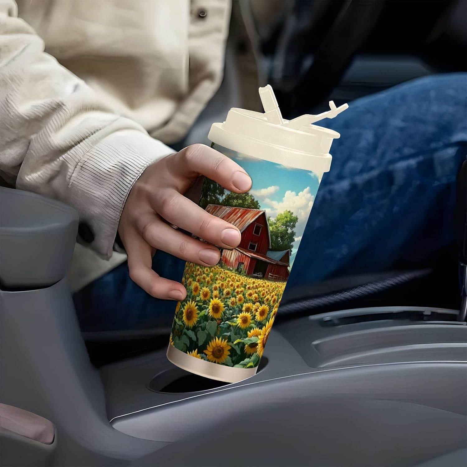 Sunflower Field Farm Insulated Coffee Mug with Straw & Flip Lid, 16.9oz Iced Tumbler Cup, Double Wall Vacuum Leak-Proof Mug for Travel Office