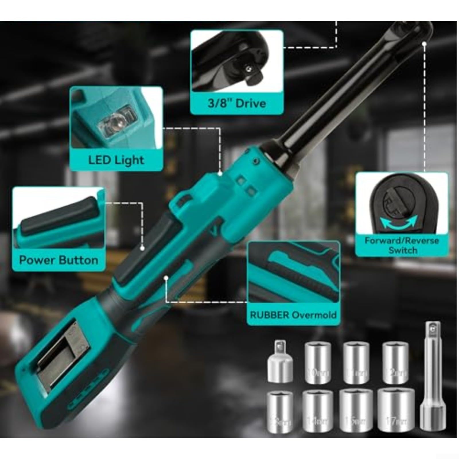 Llave de trinquete inalámbrica de 3/8 pulgadas, herramienta eléctrica con portabrocas de liberación rápida, agarre antideslizante de alto par para reparación de automóviles, mantenimiento