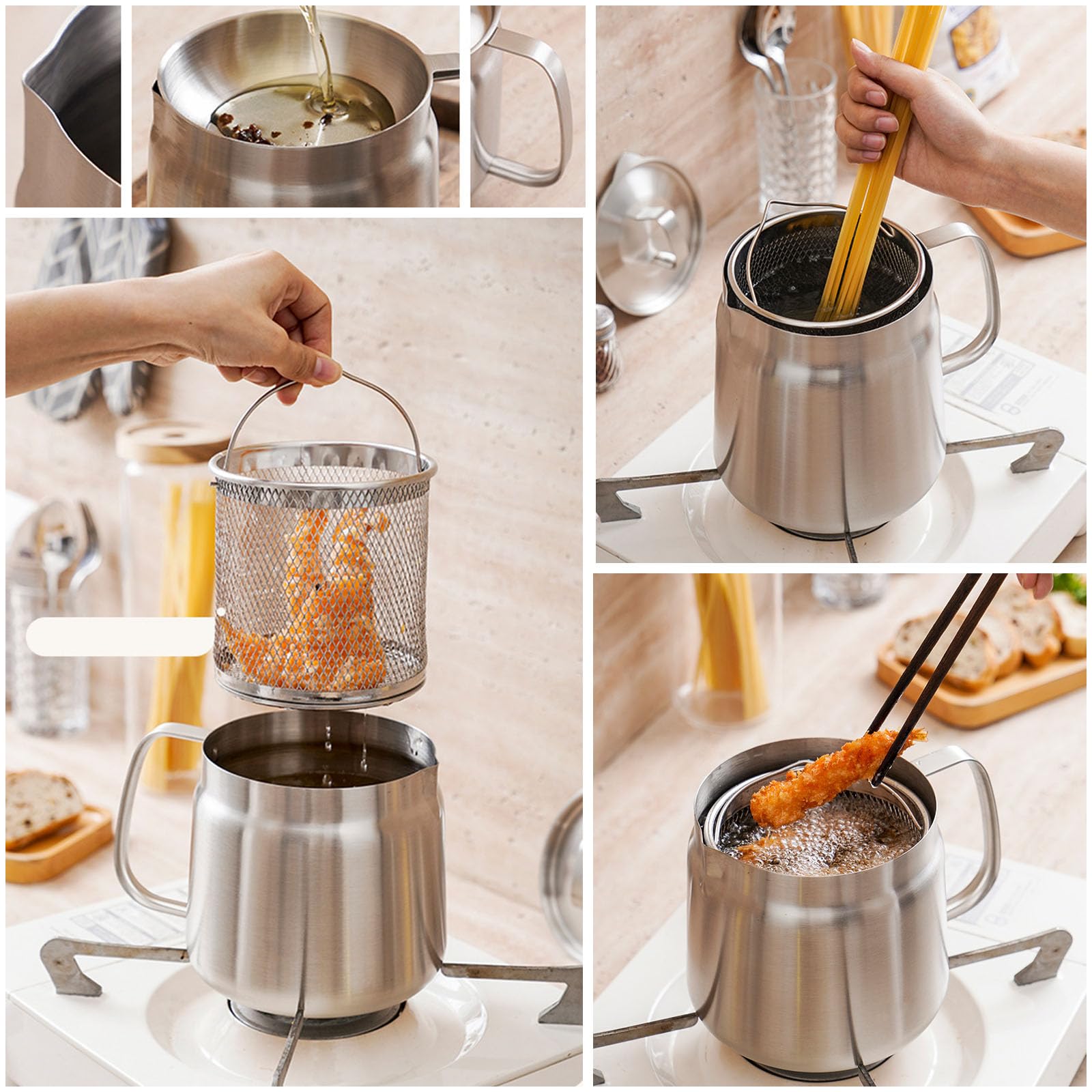 Olla coladora de aceite 2 en 1 de acero inoxidable 304, recipiente de filtro multifuncional grande con cesta de freír para cocinar, drenar y almacenar aceite de cocina