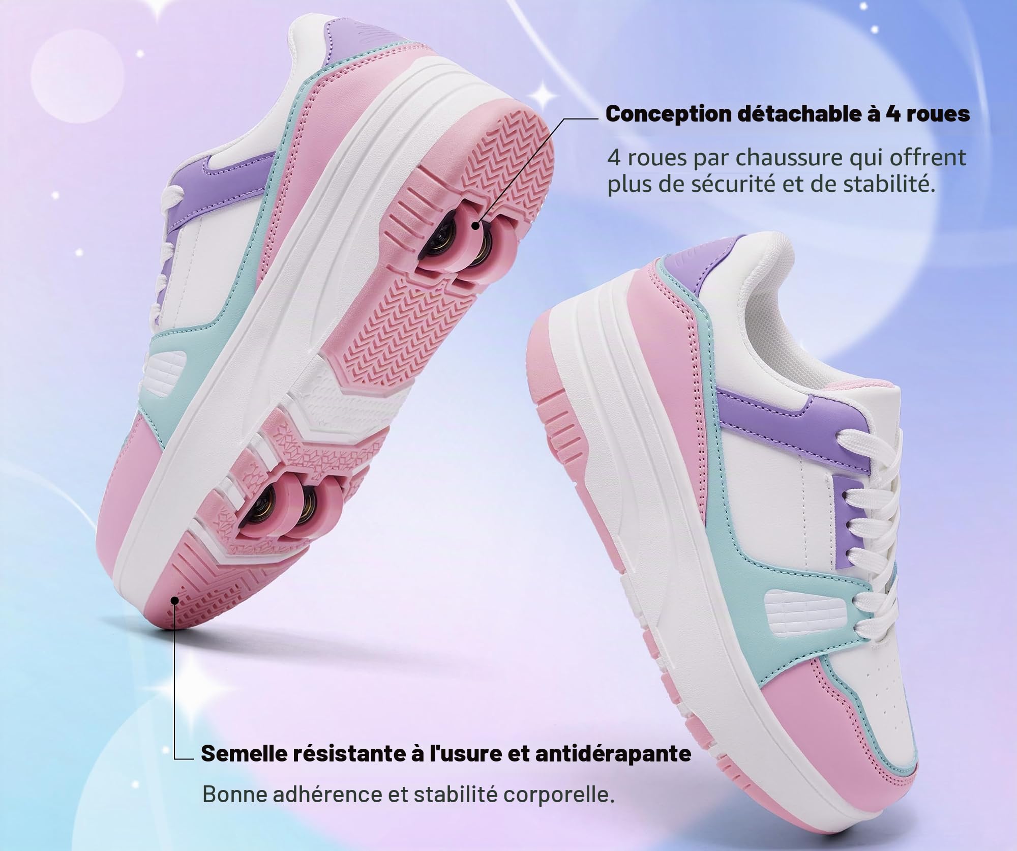 Chaussures à roulettes pour filles et garçons avec roues amovibles à l'avant et à l'arrière - Baskets tendance avec roues