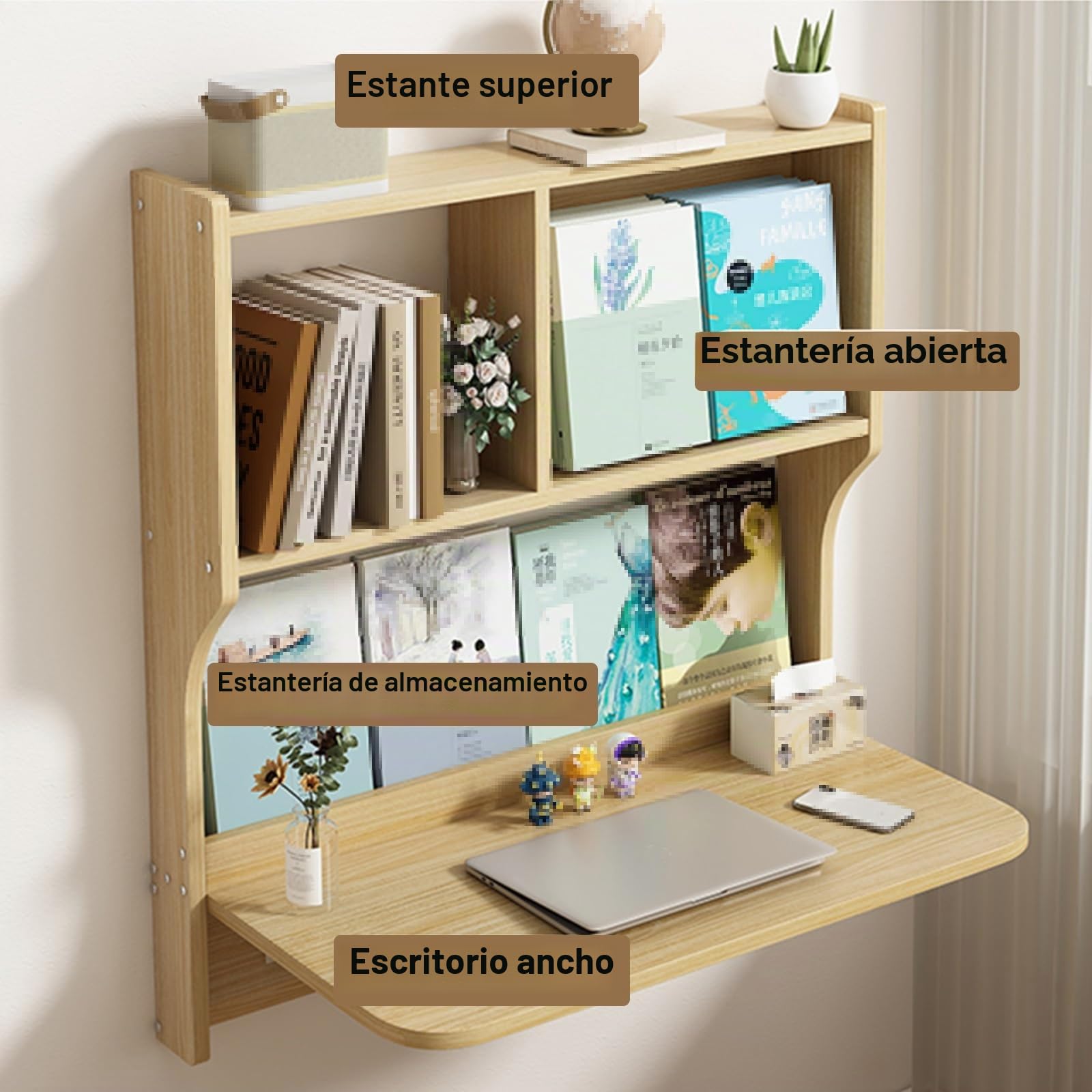 Escritorio flotante montado en la pared, escritorio plegable de madera maciza con almacenamiento, fácil de limpiar, soporte de carga súper fuerte para espacios pequeños, ideal para dormitorio o
