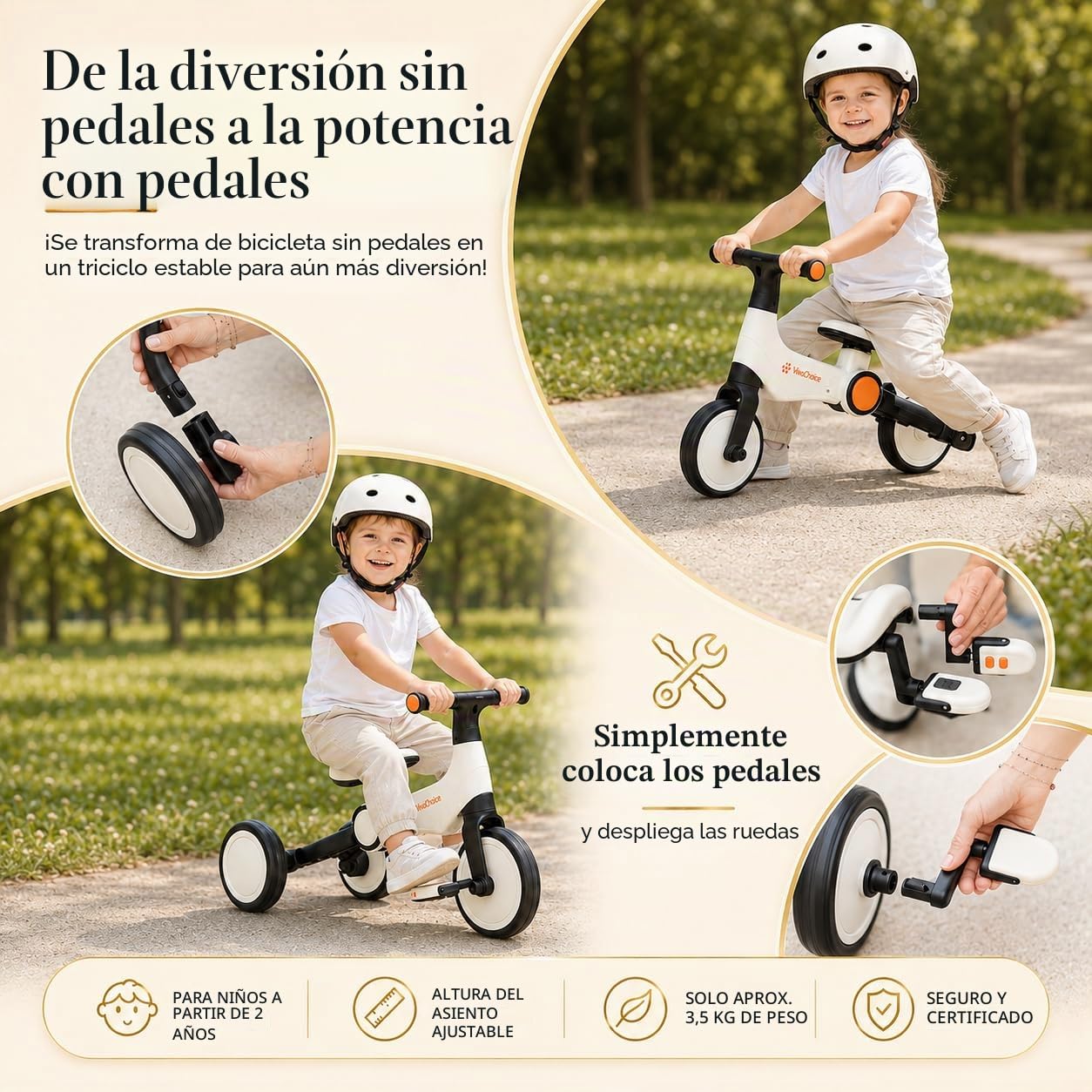 Bicicleta 3 en 1 para aprender a andar y triciclo, para pequeños exploradores a partir de 2 años, plegable, altura regulable (a partir de 32 cm) y con opción de pedal, resistente y segura