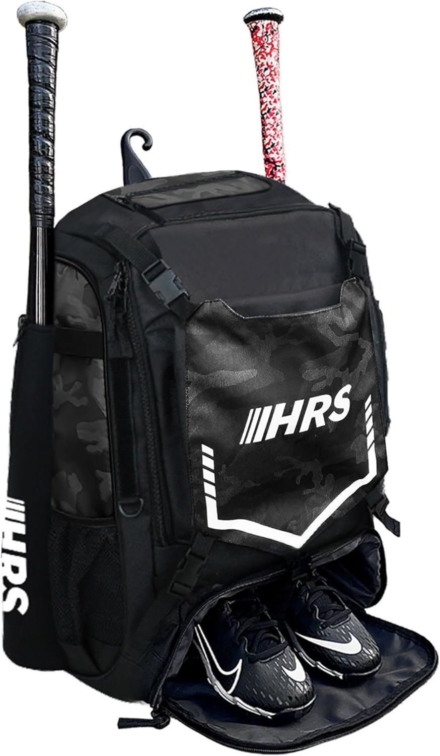 Hit Run Steal Baseball Bag, Softball Bat Bag for Youth & Adult. Holds 4 Bats, Glove, Water Bottle, Shoe Compartment, Helmet, Fence Hook for Equipment & Gear