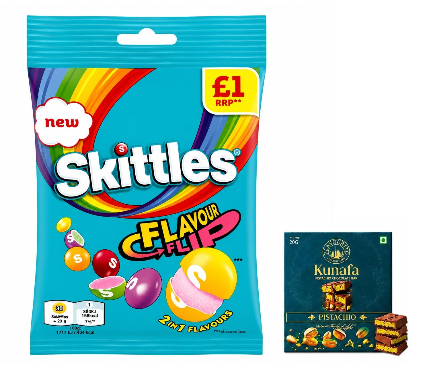 Skittles Flavour Flip 2 in 1 Flavours Candy Bag 109g With Free Flavourito Kunafa Pistachio Chocolate Bar, 20g By Decadent Foods (Imported UK)-image-47