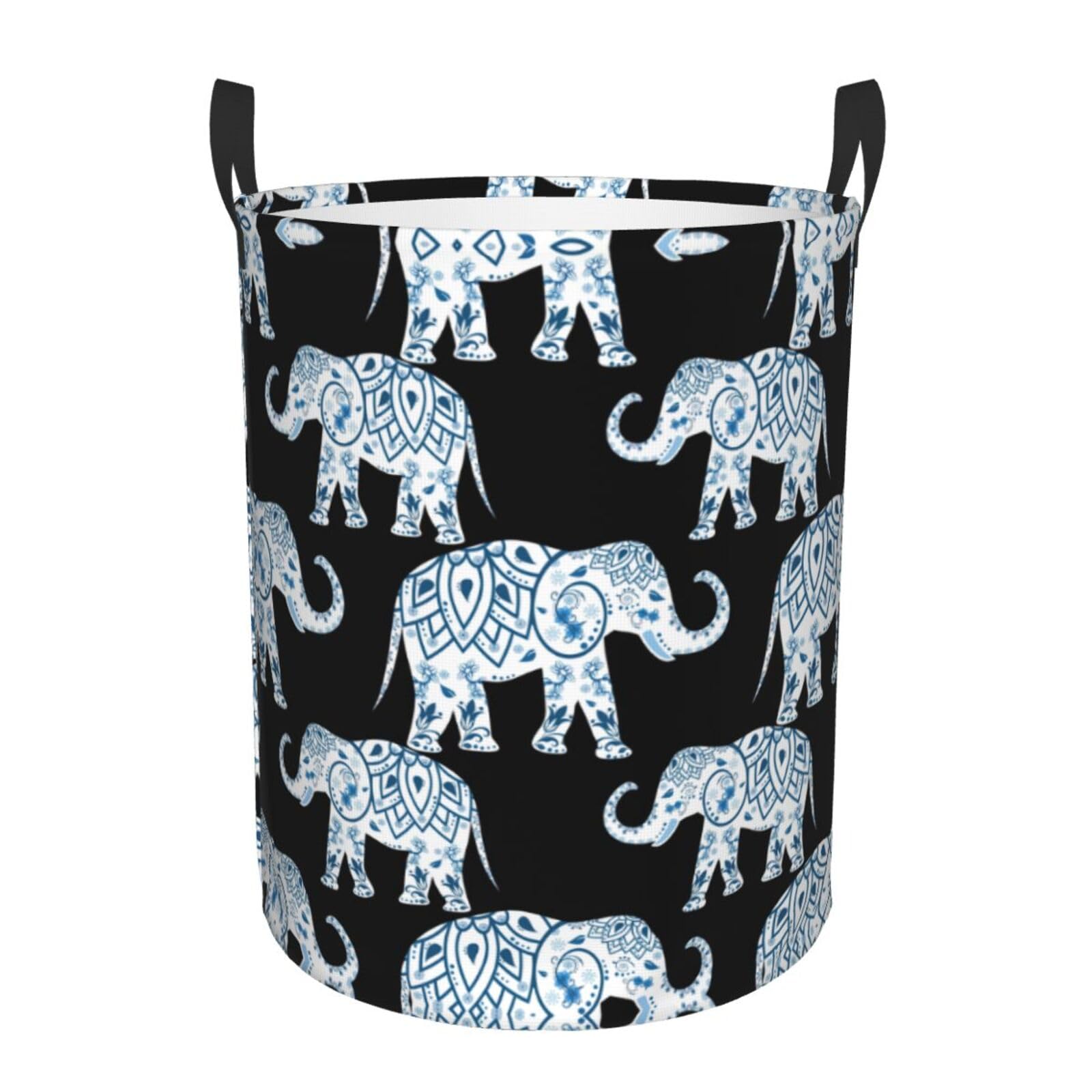 M Collapsible Round Elephant Print Laundry Hamper