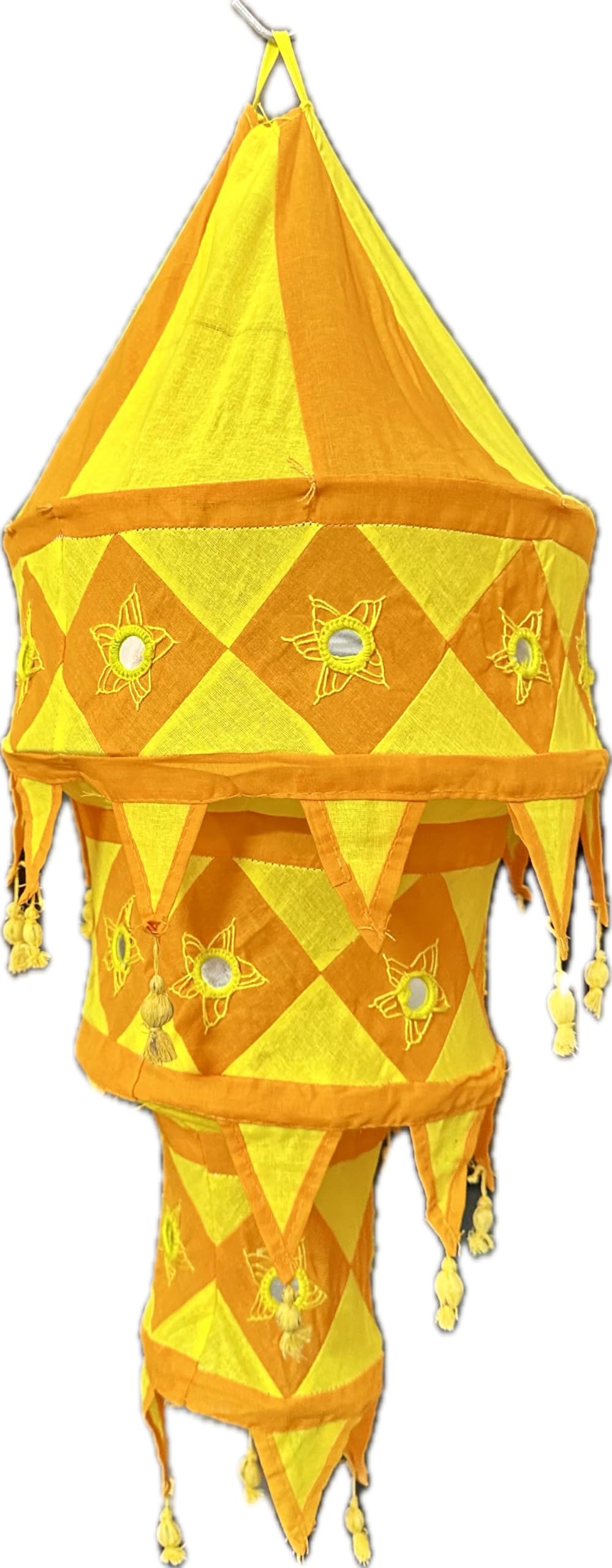 Traditional Indian Applique Hanging Lampshade, Multi-color Cotton Fabric, Star Pattern with Tassels, 3-Tier Design, 70cm Height x 30cm Diameter (Yellow -Orange)-image-43