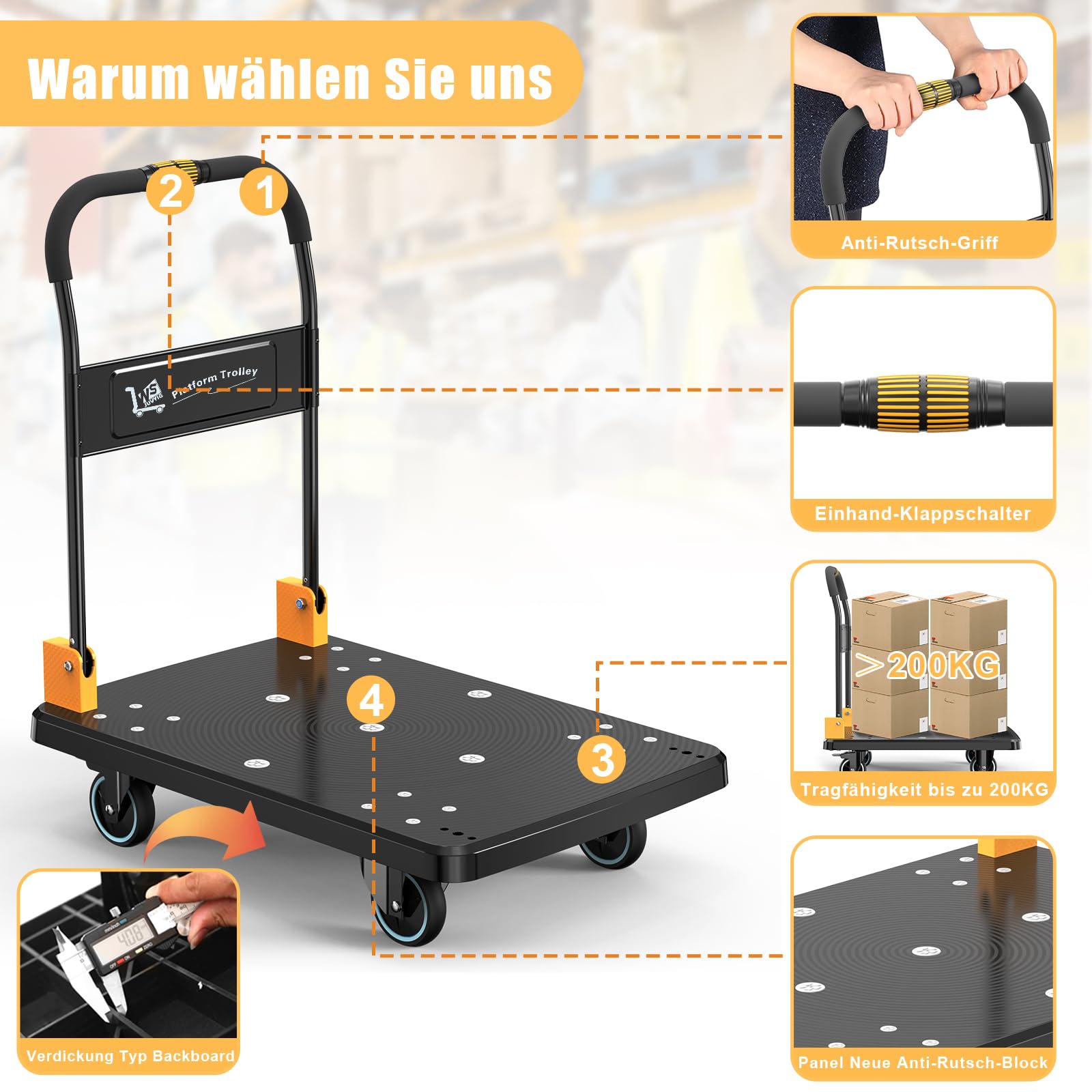 N&S Juvyig - Carrello pieghevole con una sola mano, pieghevole 200 kg