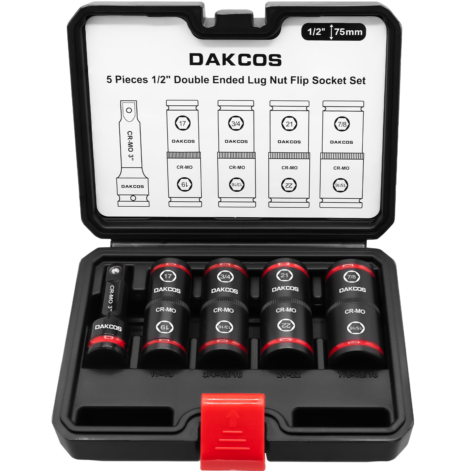 DAKCOS Set di chiavi a bussola a percussione con dado a testa doppia, con barra di estensione da 7,6 cm, sistema metrico 17-19 21-22 mm e SAE 3/4"-13/16", 7/8"-15/16", acciaio Cr-Mo