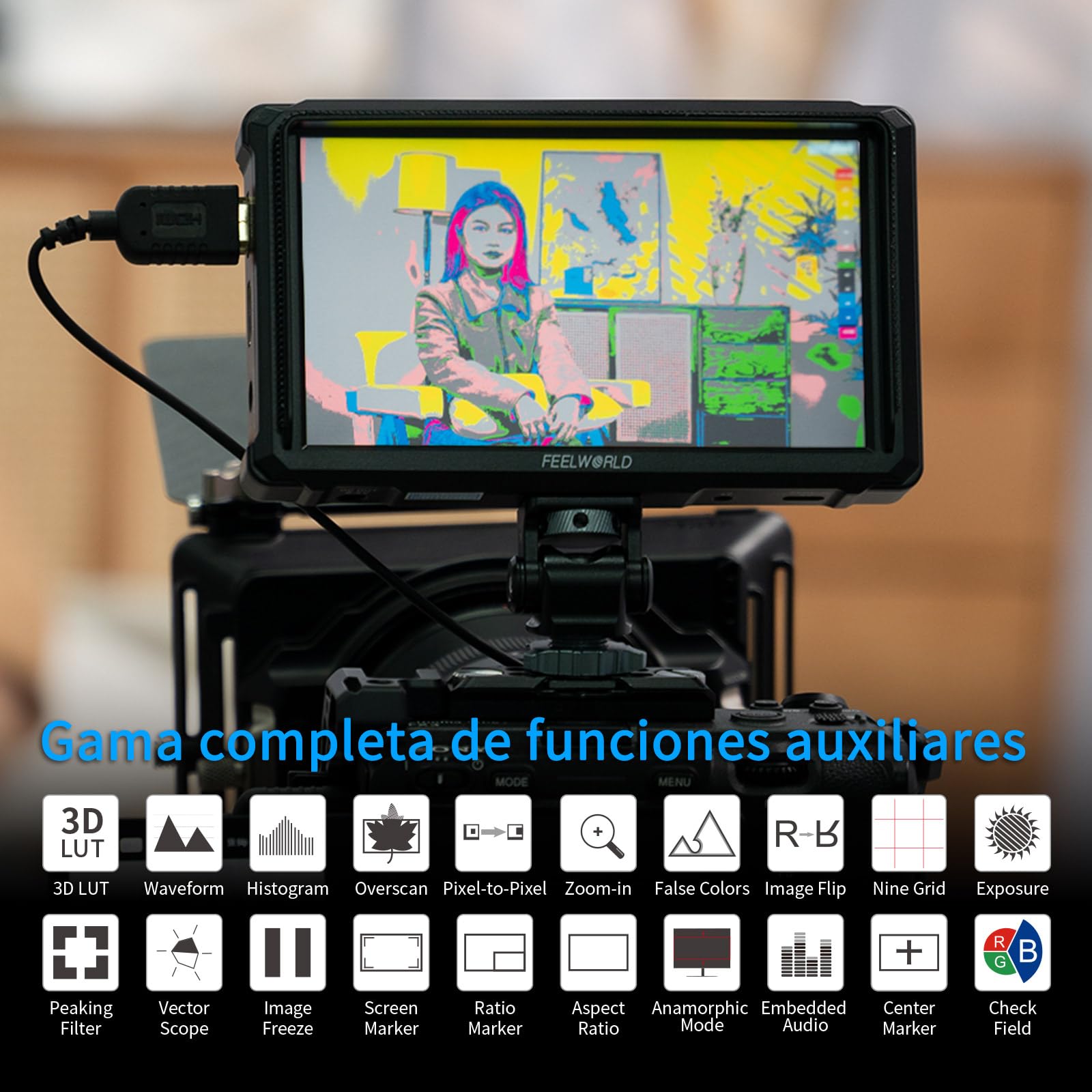 FEELWORLD FW568 Pro 6 Pulgadas 1200nit Alto Brillo Cámara Monitor de Campo con F750 4400mAh Batería y Bolsa, Custom 3D LUT 4K 60Hz HDMI en la Salida de Forma de Onda de Supervisión de Peso Ligero