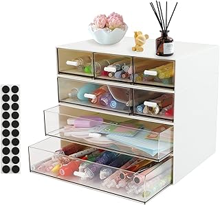 Organizador de mesa de 4 níveis com 7 gavetas, caixa de armazenamento de secretária empilhável com 20 almofadas antiderrapantes, bandeja organizadora de maquilhagem para material de escritório