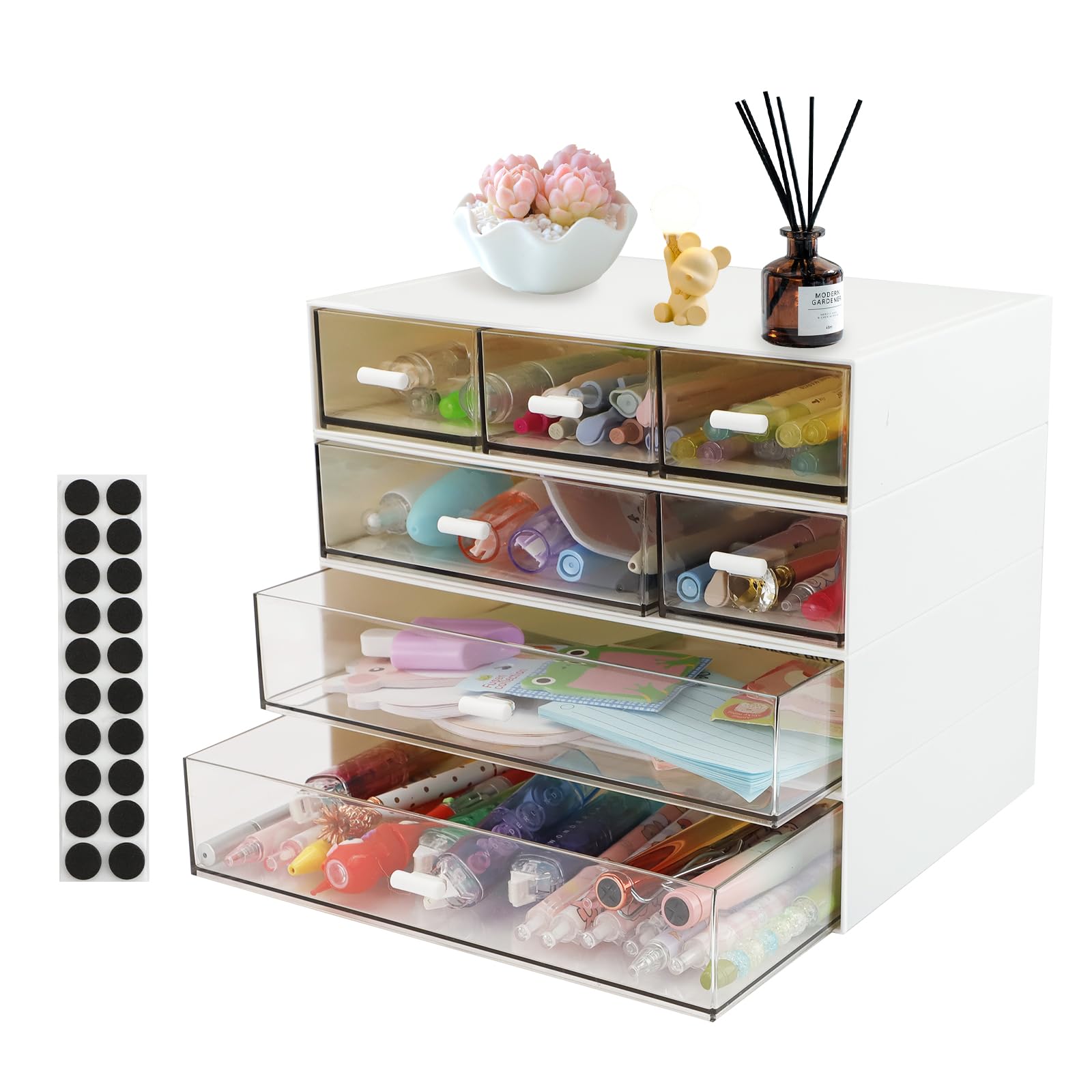 Organizer da scrivania a 4 ripiani con 7 cassetti, impilabile da scrivania con 20 imbottiture antiscivolo, organizer per trucchi per cancelleria e conservazione a casa