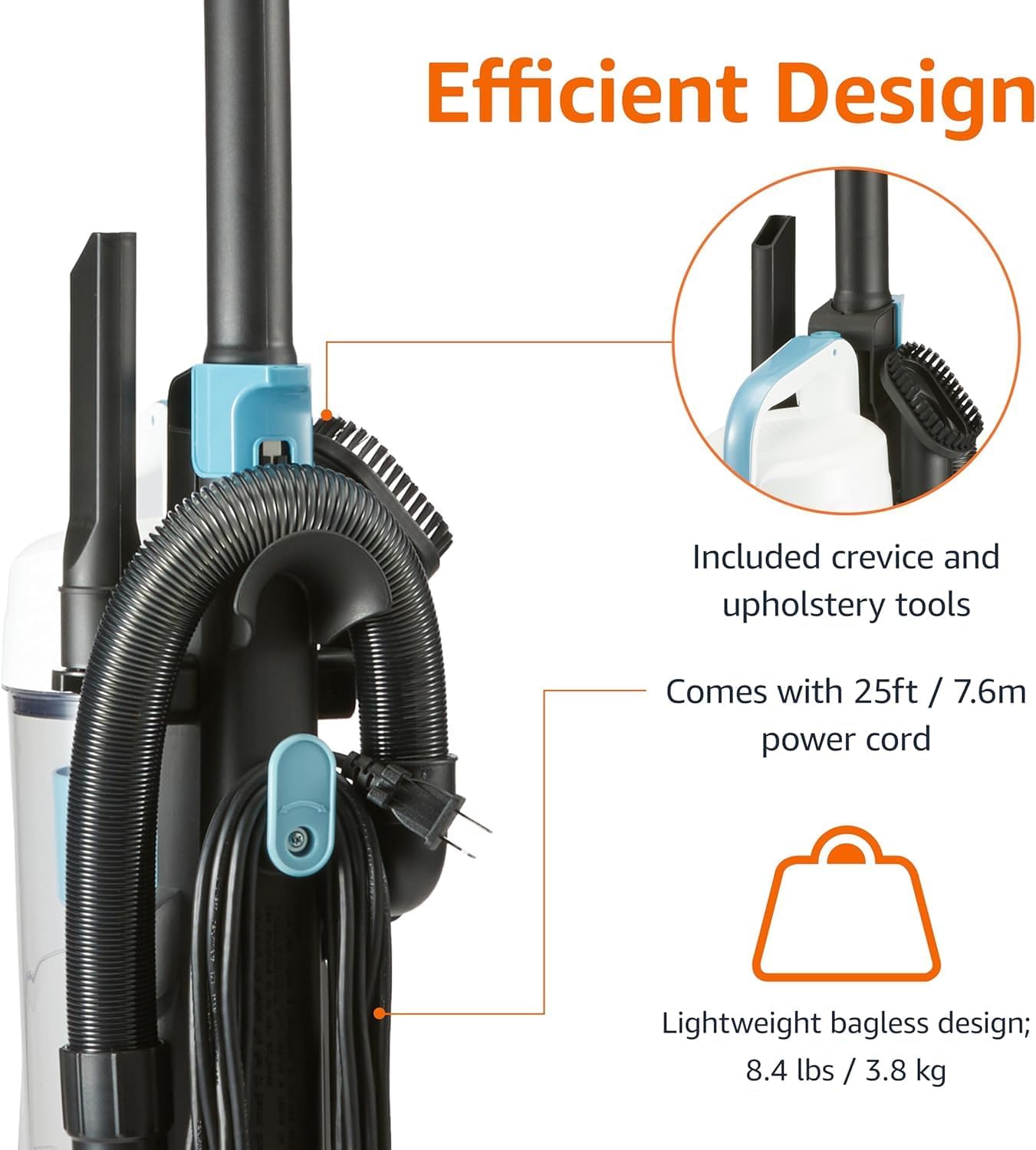Lightweight Upright Bagless Vacuum Cleaner for Carpet & Hard Floors, 720W Powerful Suction, 1.7L Large Dust Cup, 25ft Cord, Detachable Handle with Crevice & Upholstery Tools – Black/White (8.4 lbs)
