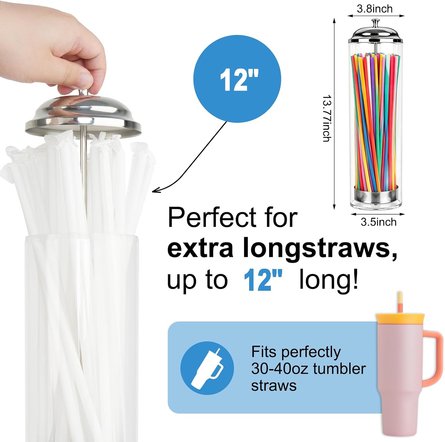 13.77 inch Straw Holder for Standard & Long Bended Size Drinking Straws,Straw Dispenser for Counter,Clear Drinking Organizer Container for Kitchen(Straws Include)