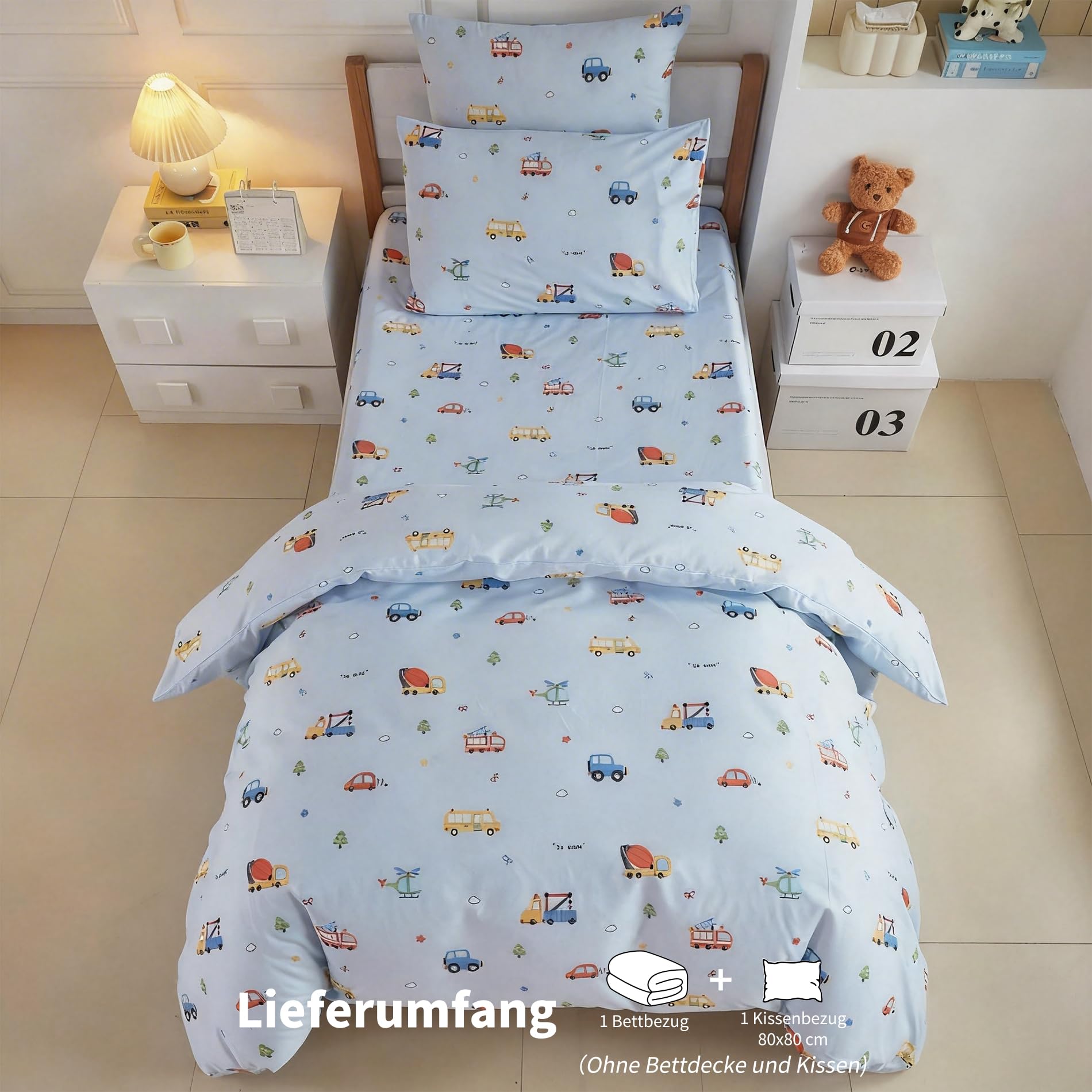 Baumwolle Bettwäsche 135x200 Kinder Auto Motiv Blau Bettwäsche Kinder 135x200 Jungen Weiche Bettbezug Set 2teilig für Jugendliche Jungen Geschenk mit Reißverschluss und 80x80 cm Kissenbezug