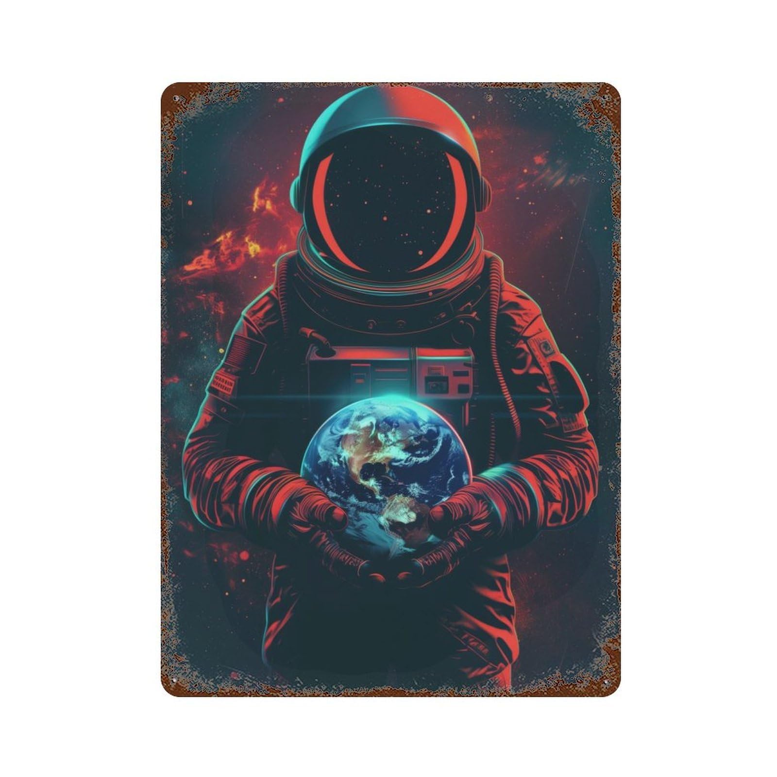 Astronaut Holding Earth 15.7"x11.8" Weathered Tin Sign, Shabby Chic Decor for Cafe, Home Bar And Lounge Decor