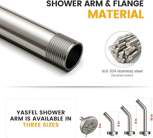 Miniatura 2 de YASFEL Brazo de ducha de 8 pulgadas para montar en la pared, moderno, tubo de extensión de ducha con brida y cinta de teflón para cabezal de ducha y