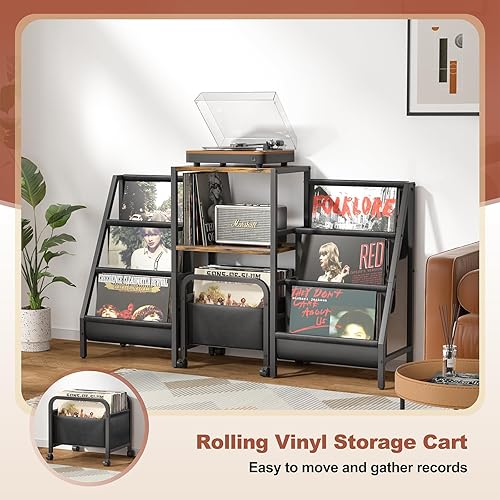 Miniatura 3 de Soporte para tocadiscos con carrito de almacenamiento de vinilo, mesa para tocadiscos con almacenamiento de discos de 200 álbumes, soporte giratorio
