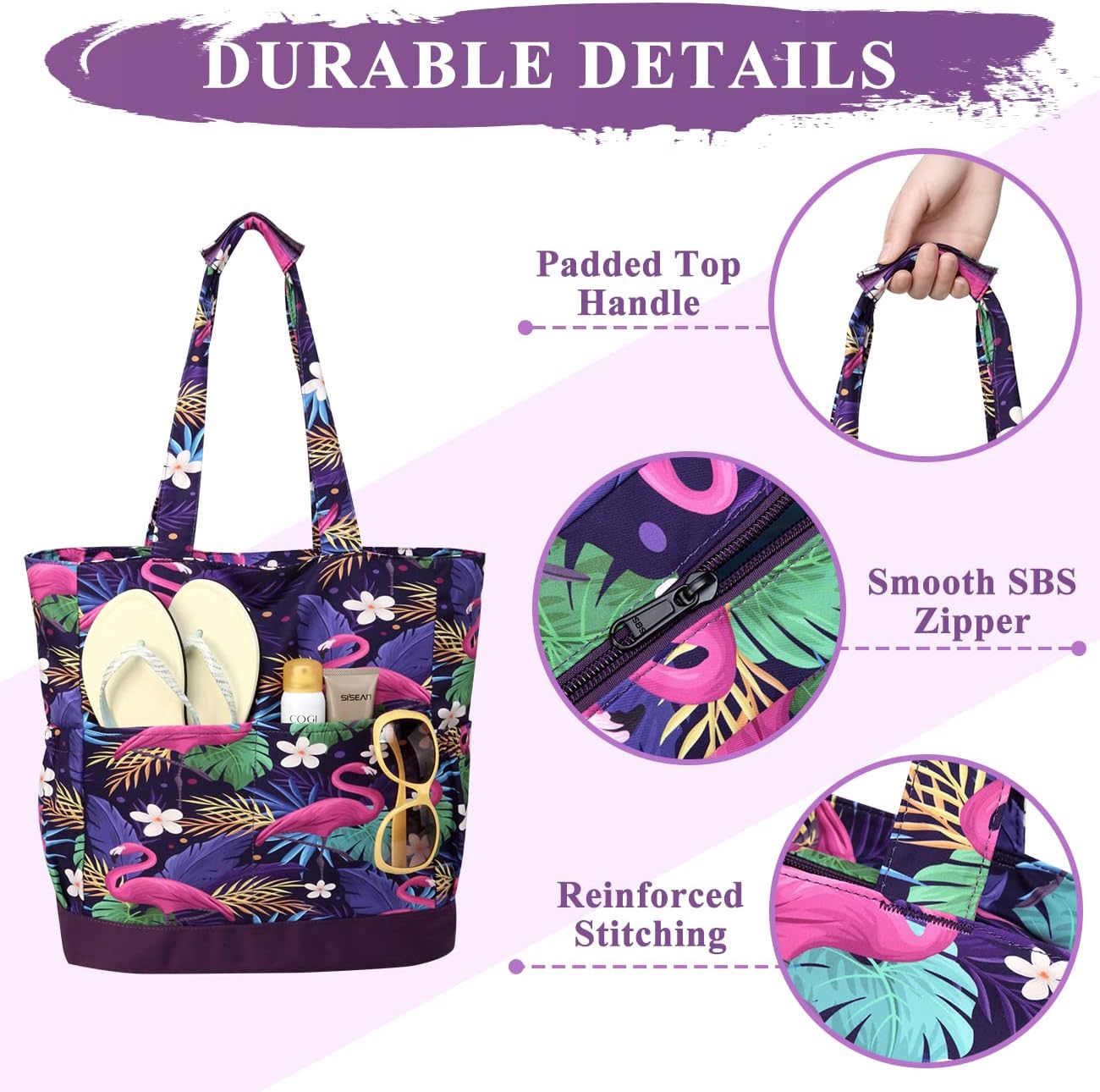 VASCHY Beach Bag for Women, Large Waterproof Sandproof Fold-able Packable Pool Tote Bag w Zipper/Pockets - Image 4