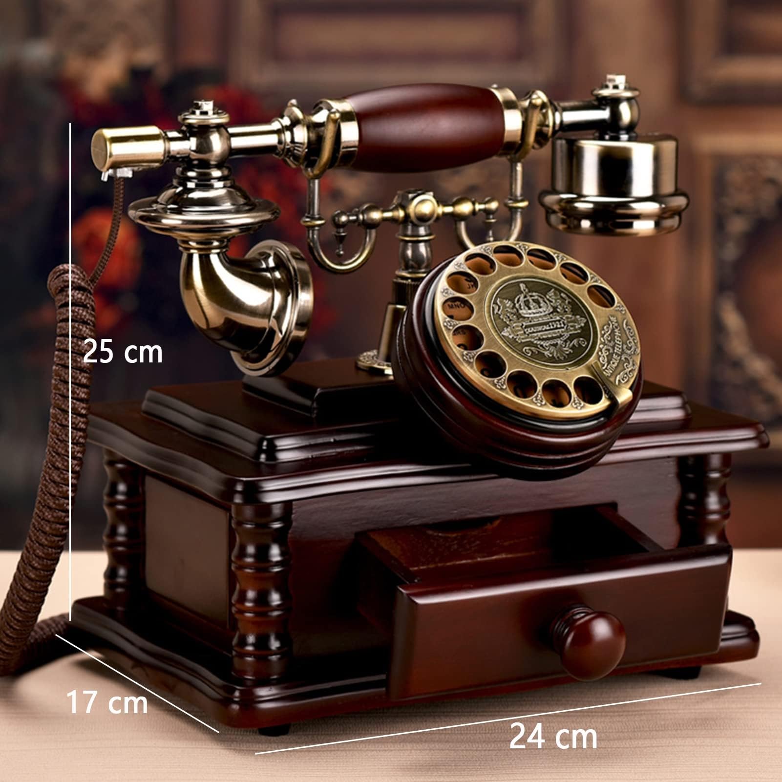 Retro przewodowy telefon stacjonarny, telefon stacjonarny, z litego drewna, z obrotową tarczą i szufladą, do domowego biura
