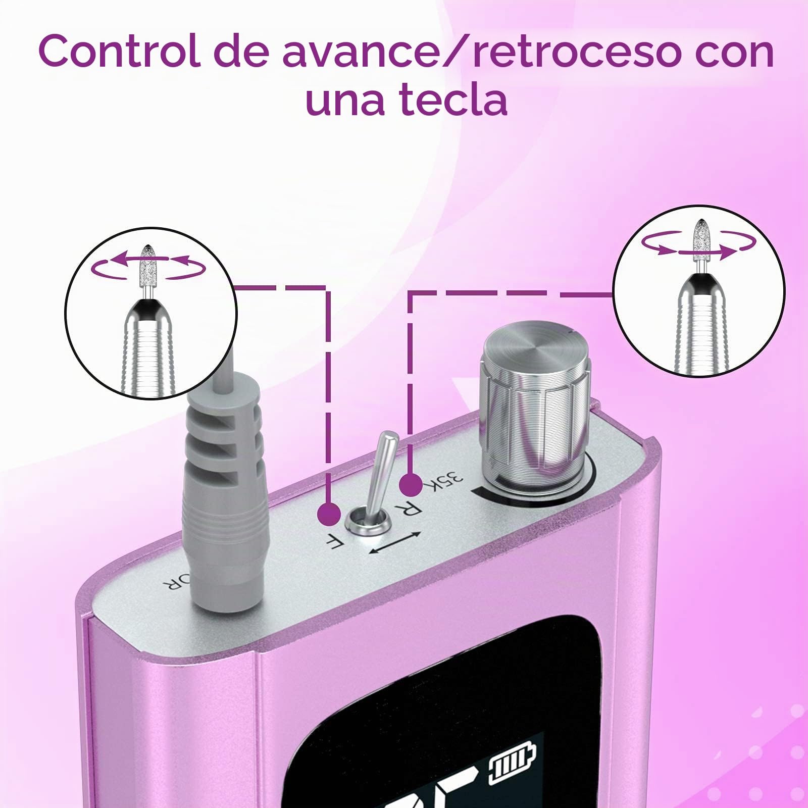 Delanie Torno para Uñas Profesional 35000rpm Portátil Recargable Inalambrico Eléctrico Acrílico de Gel Manicura y Pedicura con 6 fresas para torno manicura y Pantalla LCD