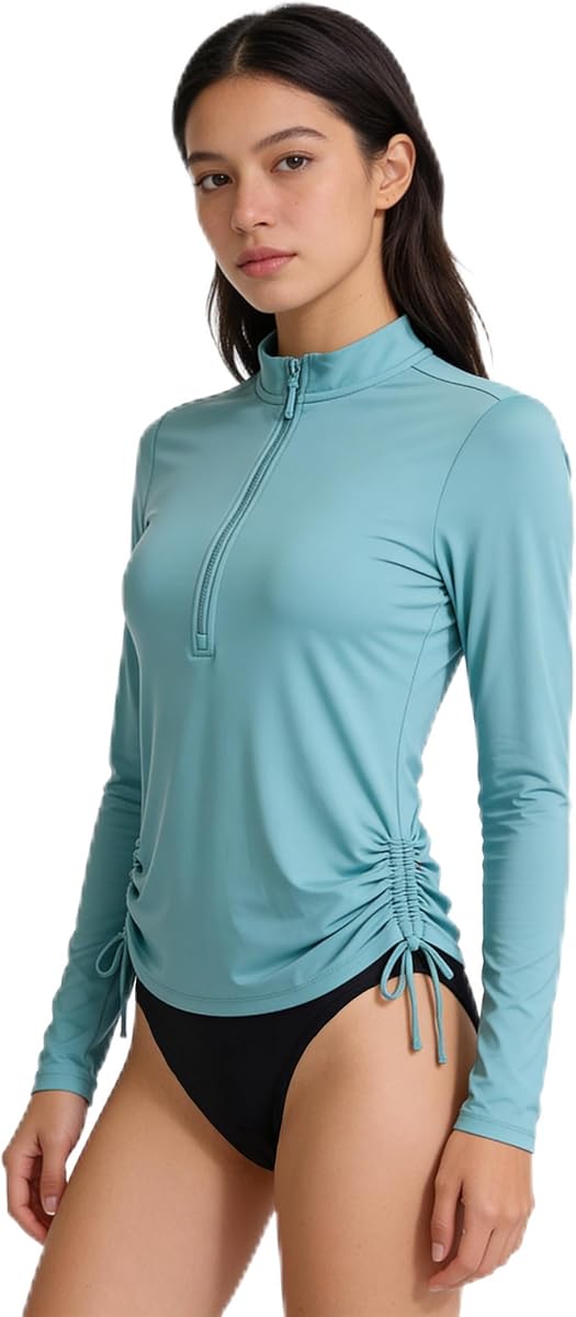 Women’s 1/4 Zip Long Sleeve Rashguard – UPF 40+ Quick Dry Swim Top with Mock Neck and Adjustable Drawcord Hem
