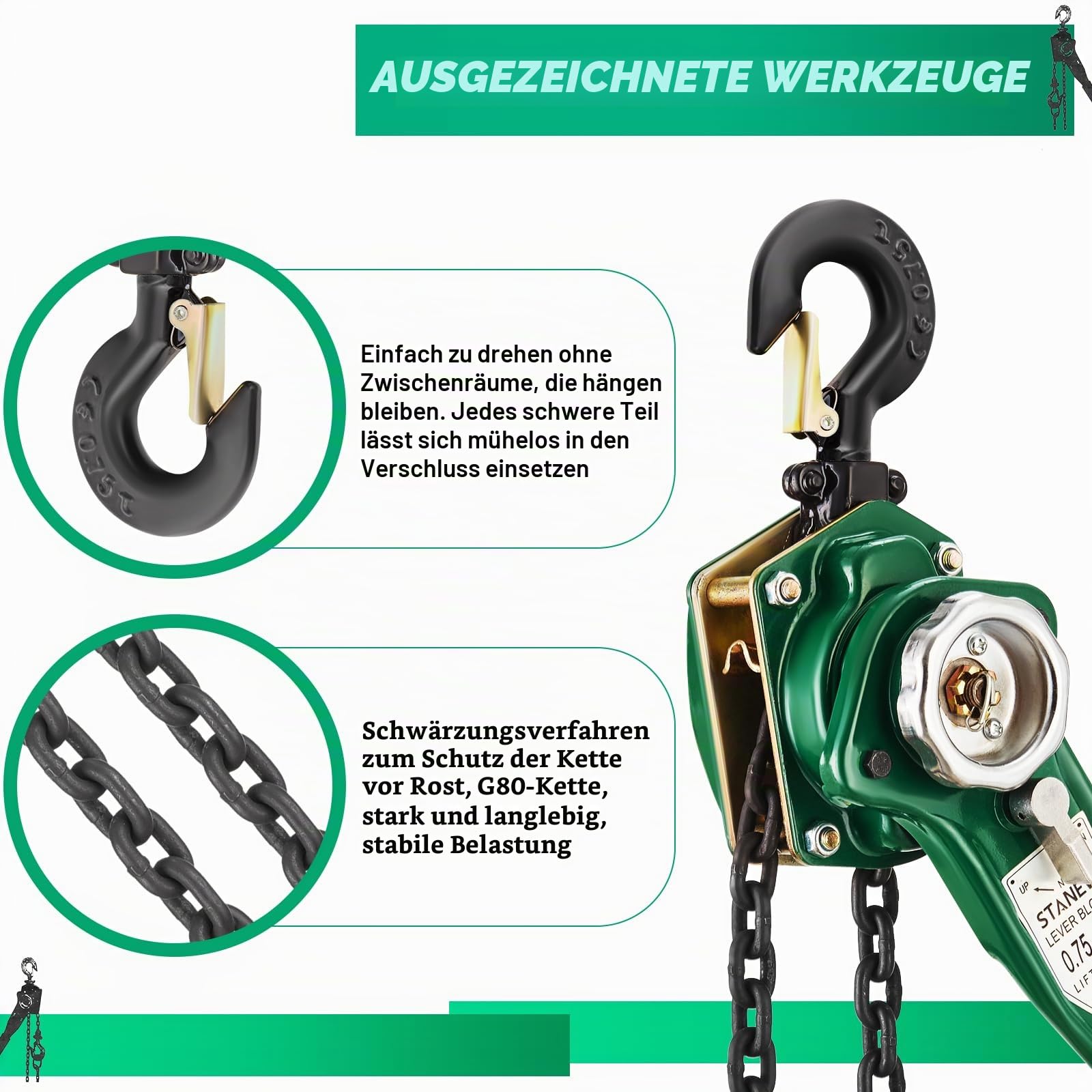 STANEW Hebelzug Kettenzug 0,75t, Hubhöhe bis 1,4m, Kette aus robustem Carbonstahl G80, mit 360° drehbarer Haken | Kette aus Kohlenstoffstahl G80, Haken 360° schwenkbar, mit Linguet. Kompakt, ideal für Werkstatt, Baustelle, Garage