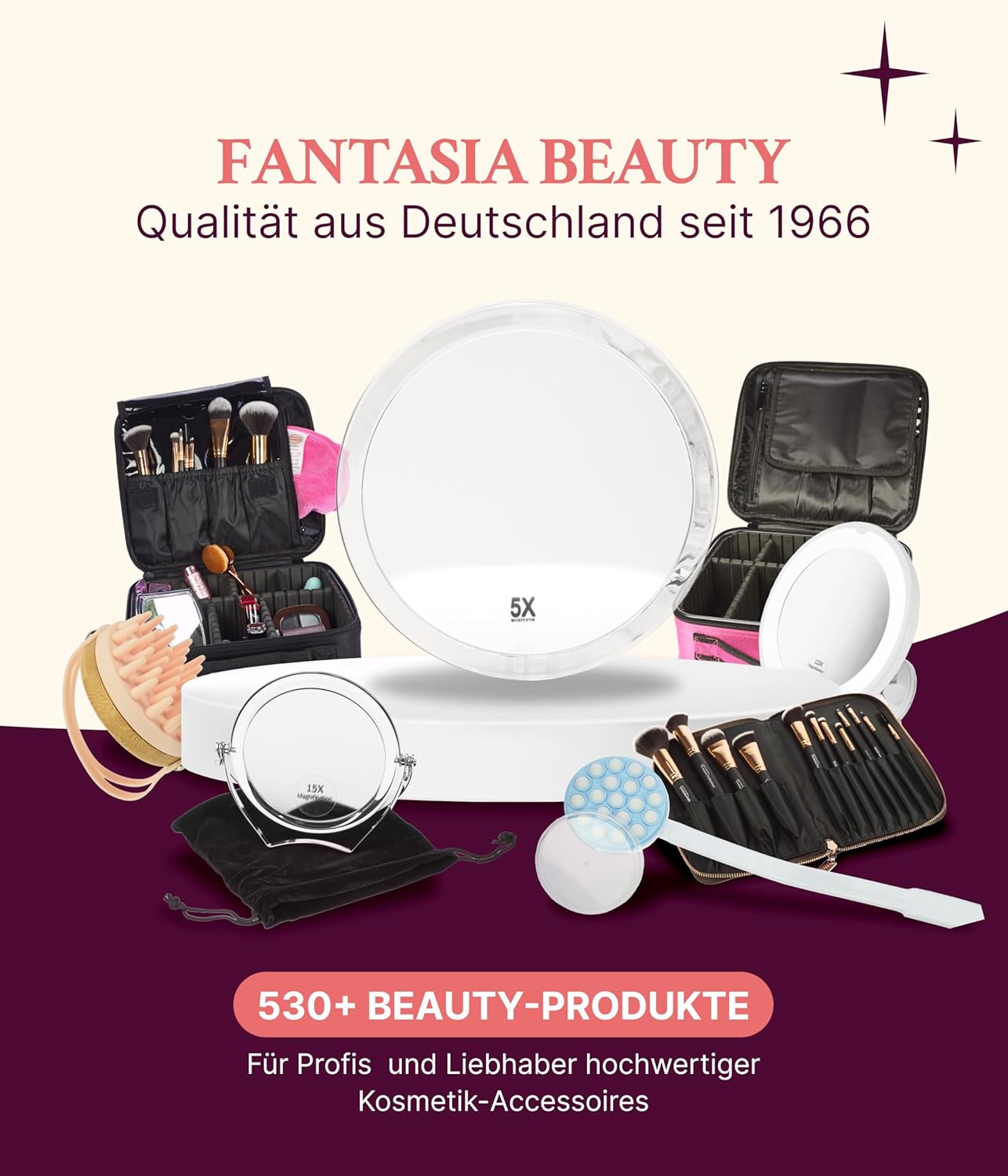 Fantasia 5X Cosmetic Magnifying, Portable Travel Make Acrylic Frame and Suction Cups, Round Makeup Mirror with x7 Zoom for Shaving, Tweezing, Hairdressing, Etc, Multicolored, Ø 23cm