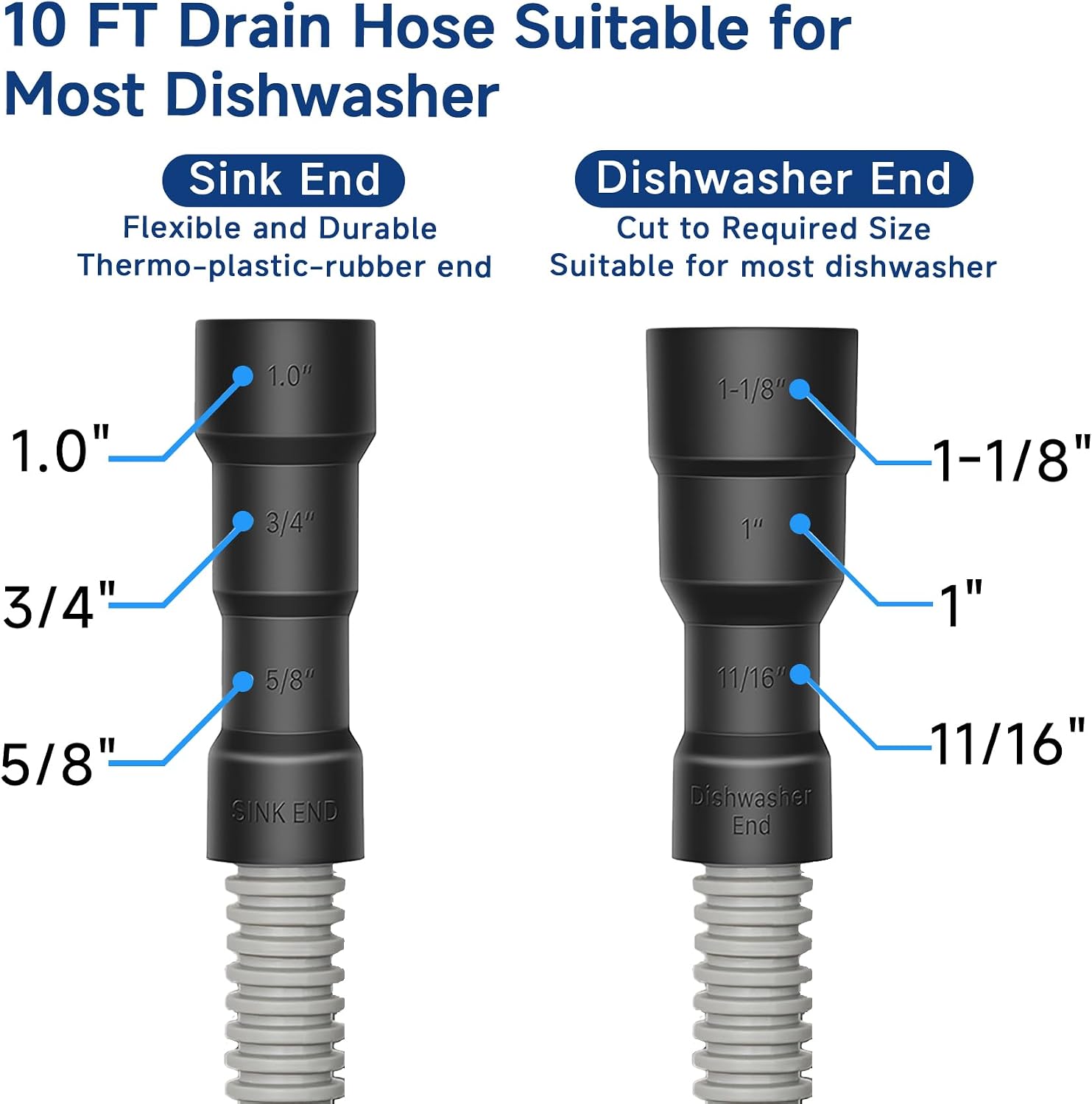 10 Ft Dishwasher Drain Hose Extension Corrugated and Flexible Dishwasher Hose Drain Replacement Discharge Hose Fits (Dishwasher End Size：11/16", 1", 1-1/8" Sink End Size：5/8", 3/4", 1")