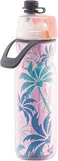 O2COOL Mist 'N Sip Misting Water Bottle 2-in-1 Mist And Sip Function With No Leak Pull Top Spout Reusable Sports Water Bottle - 20 oz (Pink Palm Tree)
