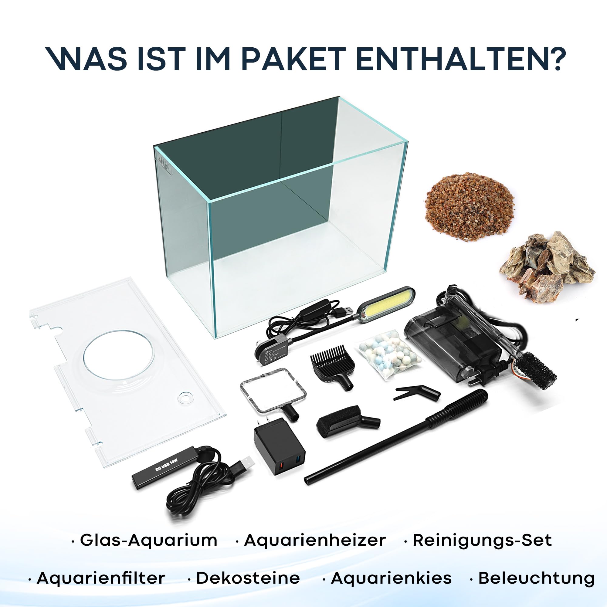 Aquarium Desktop-Set 10L Kleines Fischbecken 30x15x22, Ultra-Klares Glas mit Selbstreinigungsfilter, Helles Licht, Heizung, Steine,Kies, Reinigungswerkzeug, Randloses Fischglas für Anfänger Starterkit