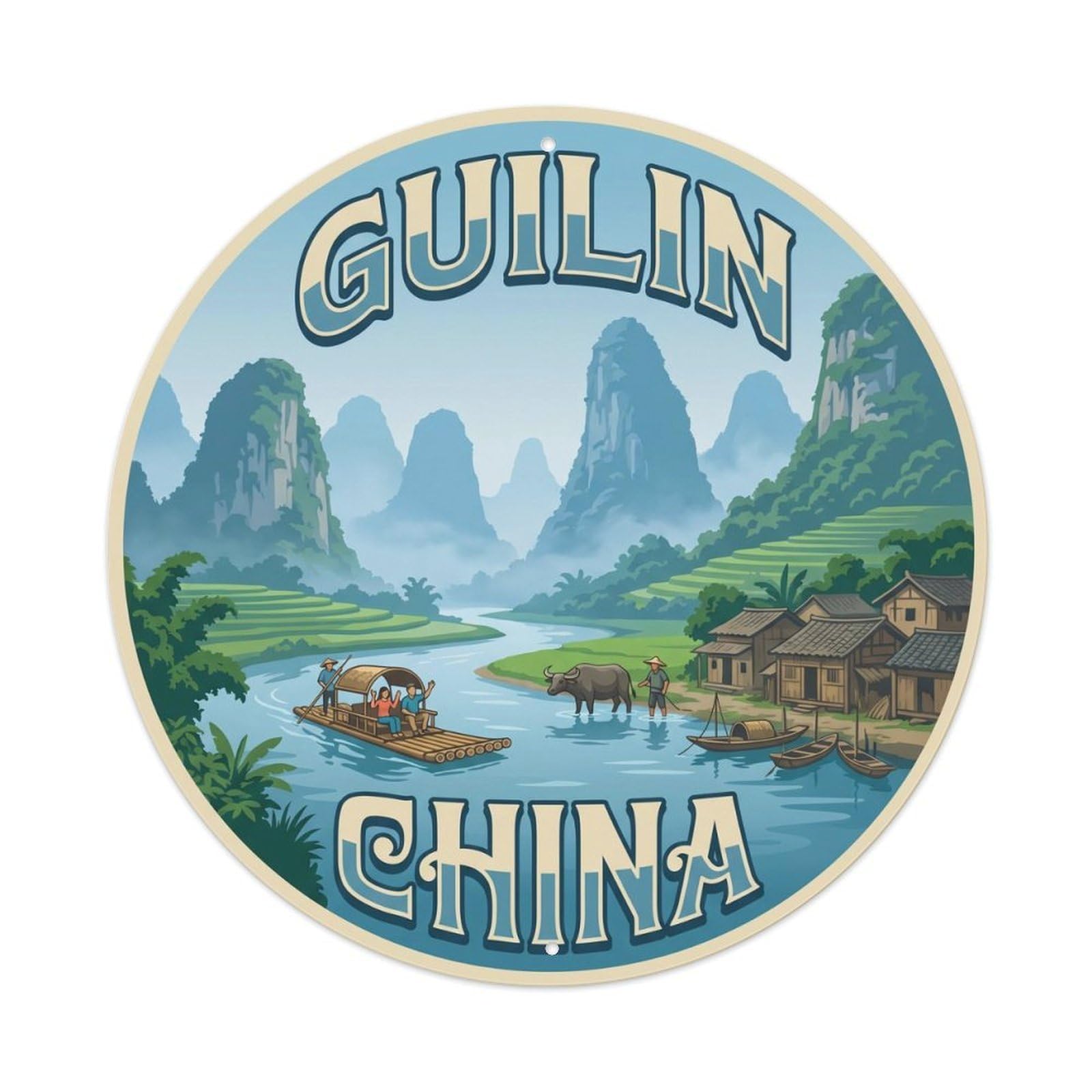 Yrnq 8X8inch Vintage Style Vintage Travel Guilin China Li River Metal Tin Sign